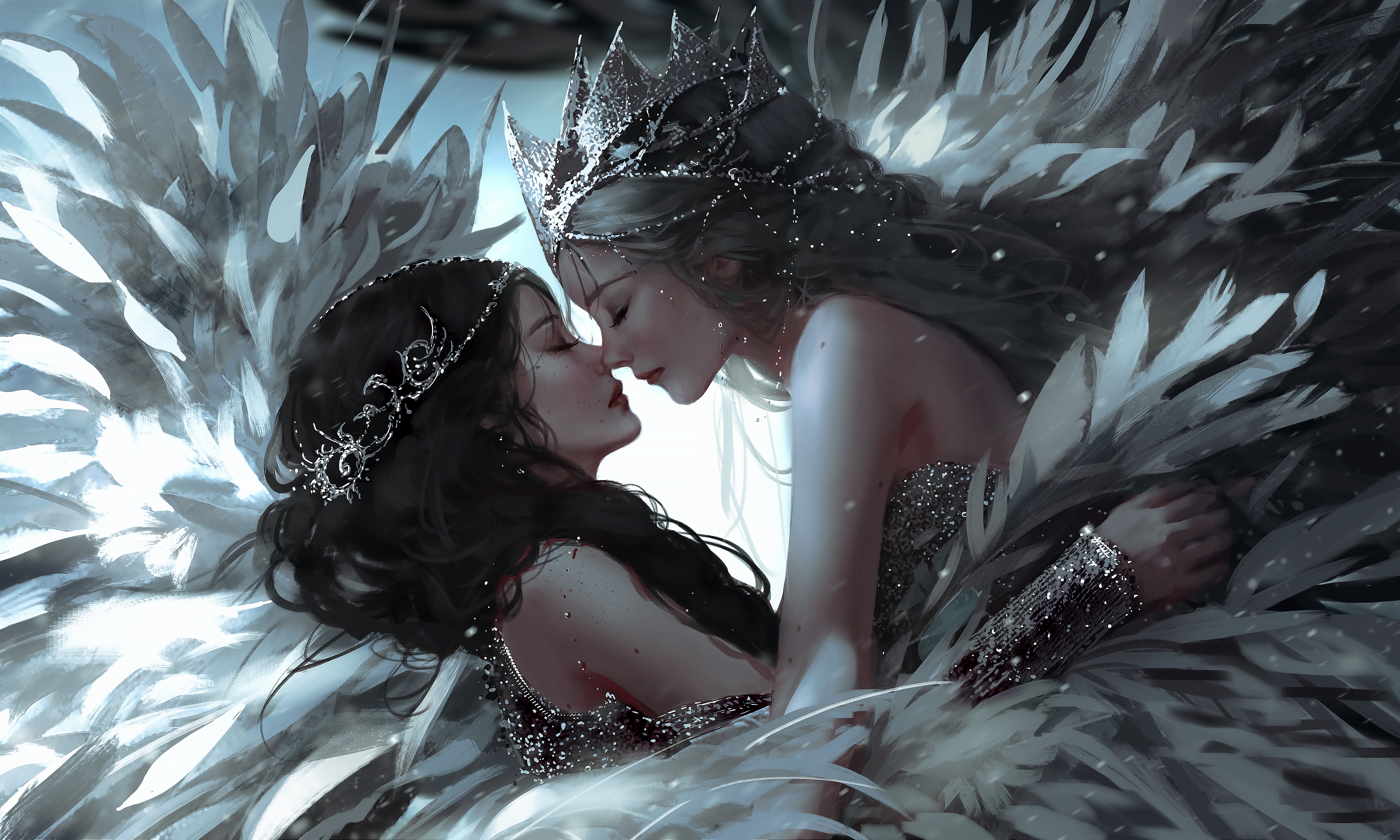 Fantasy art of two women with wings and crowns HD Wallpaper