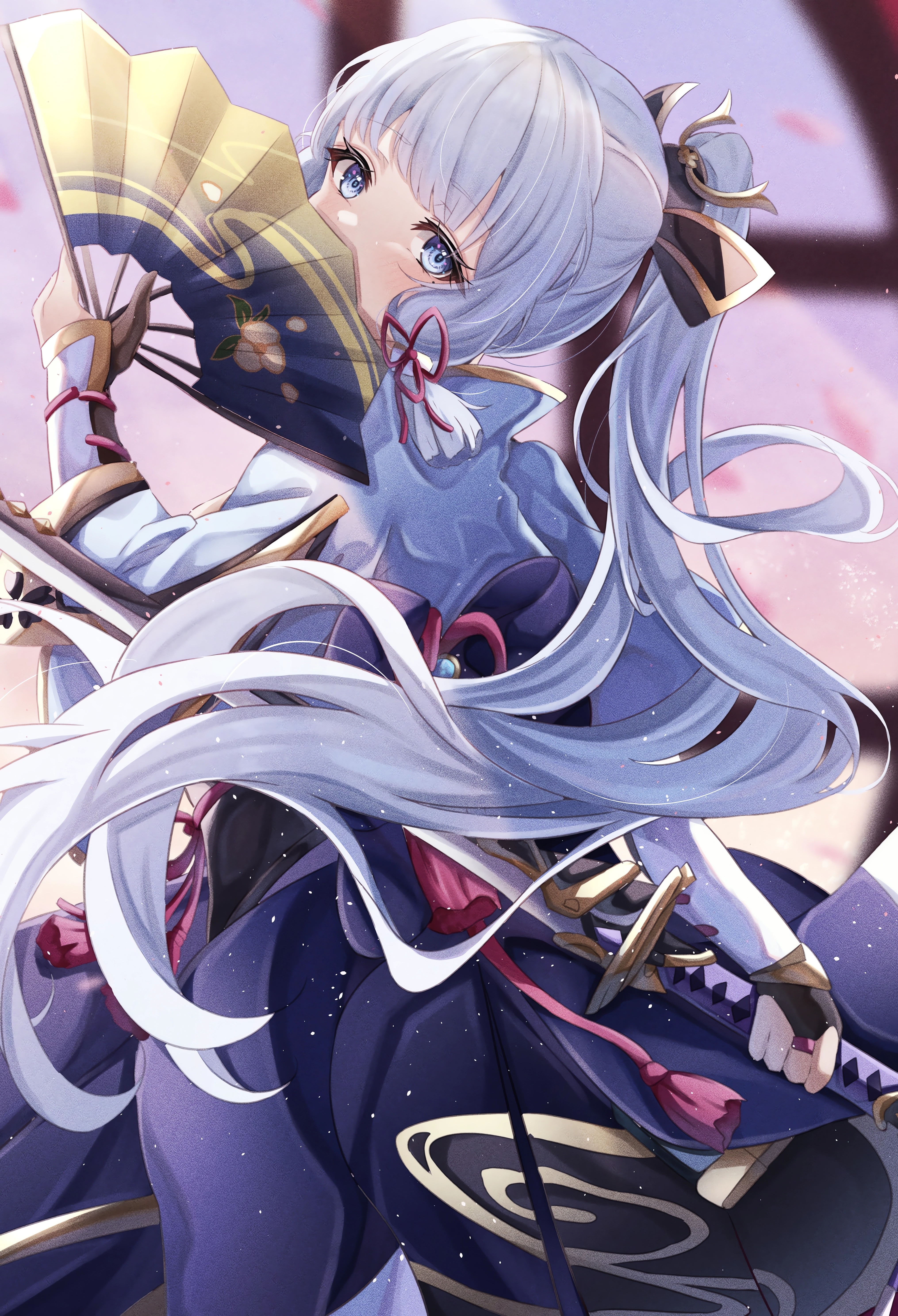 Kamisato Ayaka with a fan and sword HD Phone Wallpaper