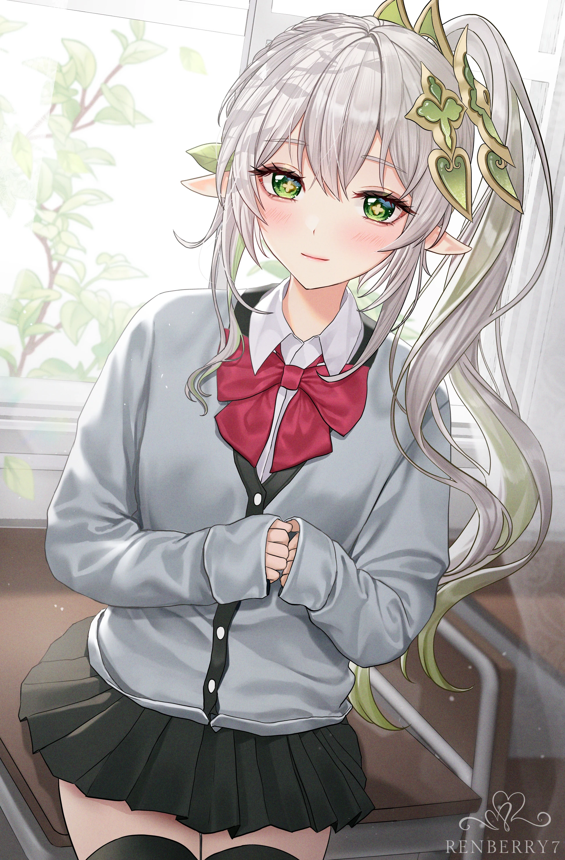 Nahida in a school uniform with a red bow tie HD Phone Wallpaper