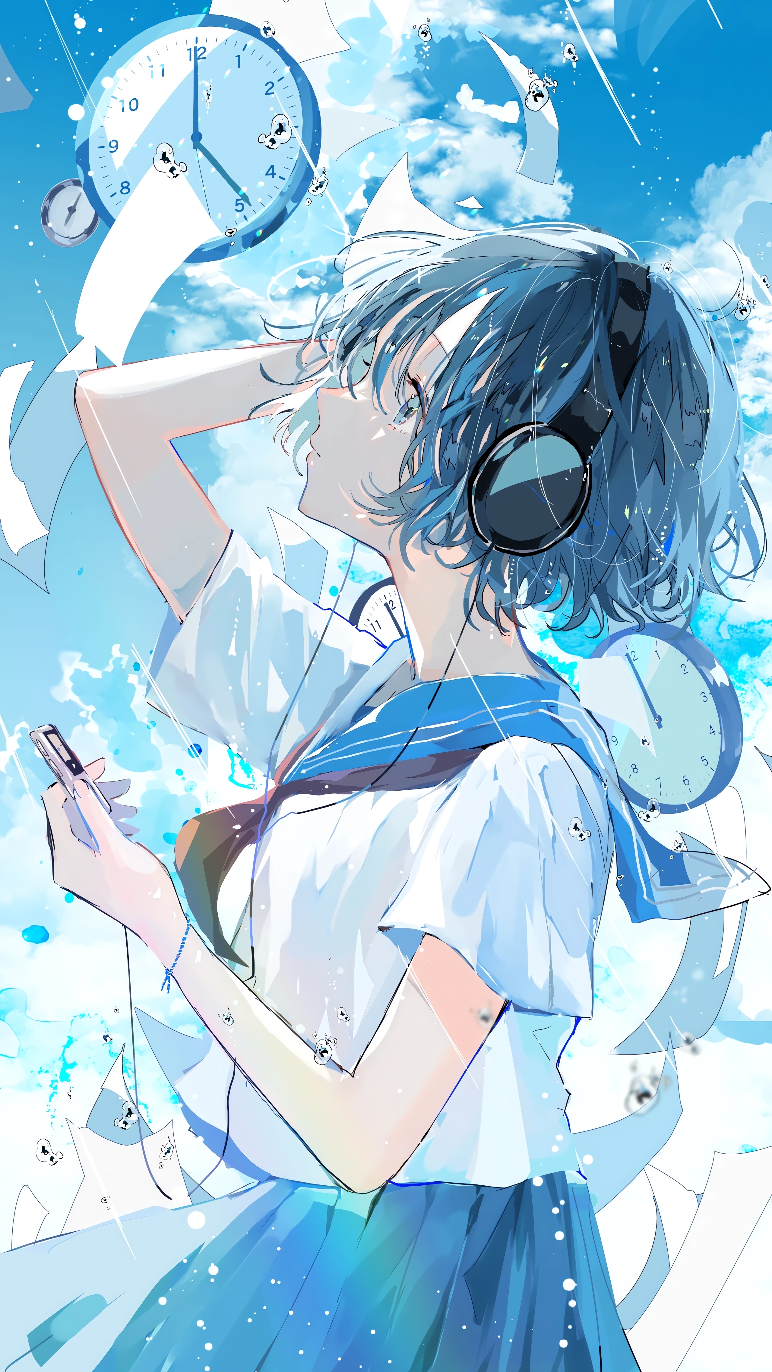 Anime schoolgirl with headphones and clocks in the sky HD Phone Wallpaper