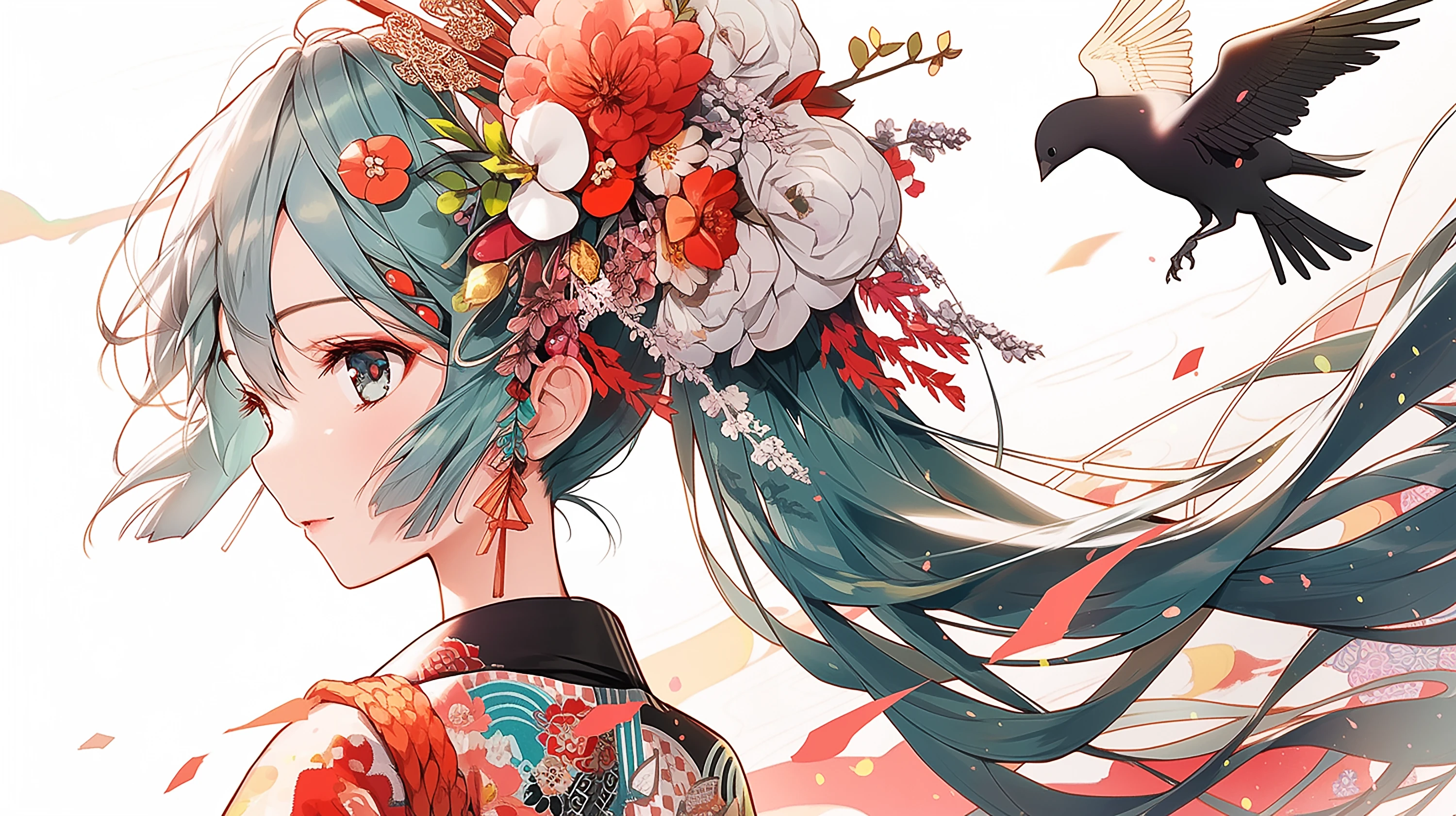 Hatsune Miku in a Kimono with Flowers and a Bird HD Wallpaper
