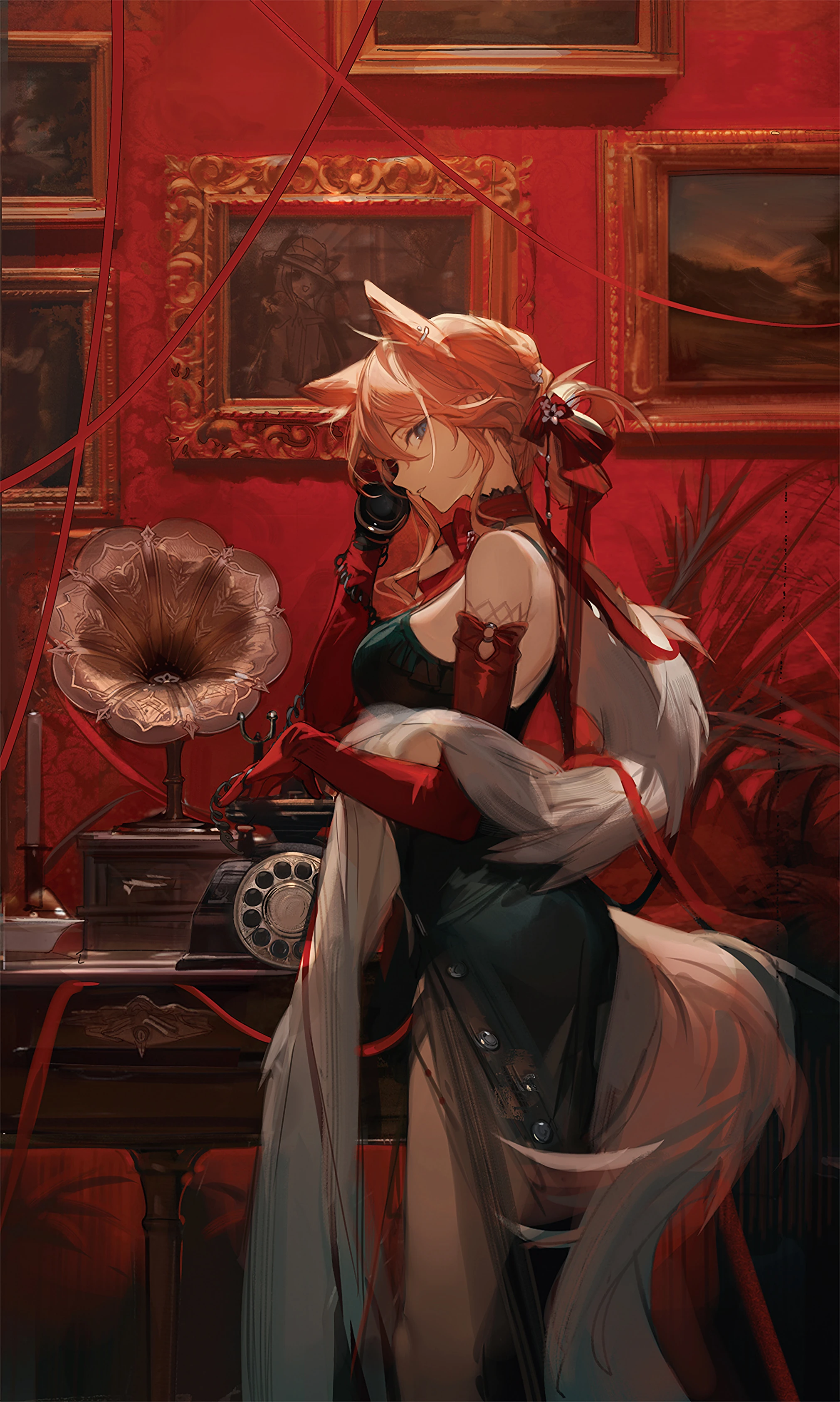 Heidi from Arknights talking on a vintage phone HD Phone Wallpaper