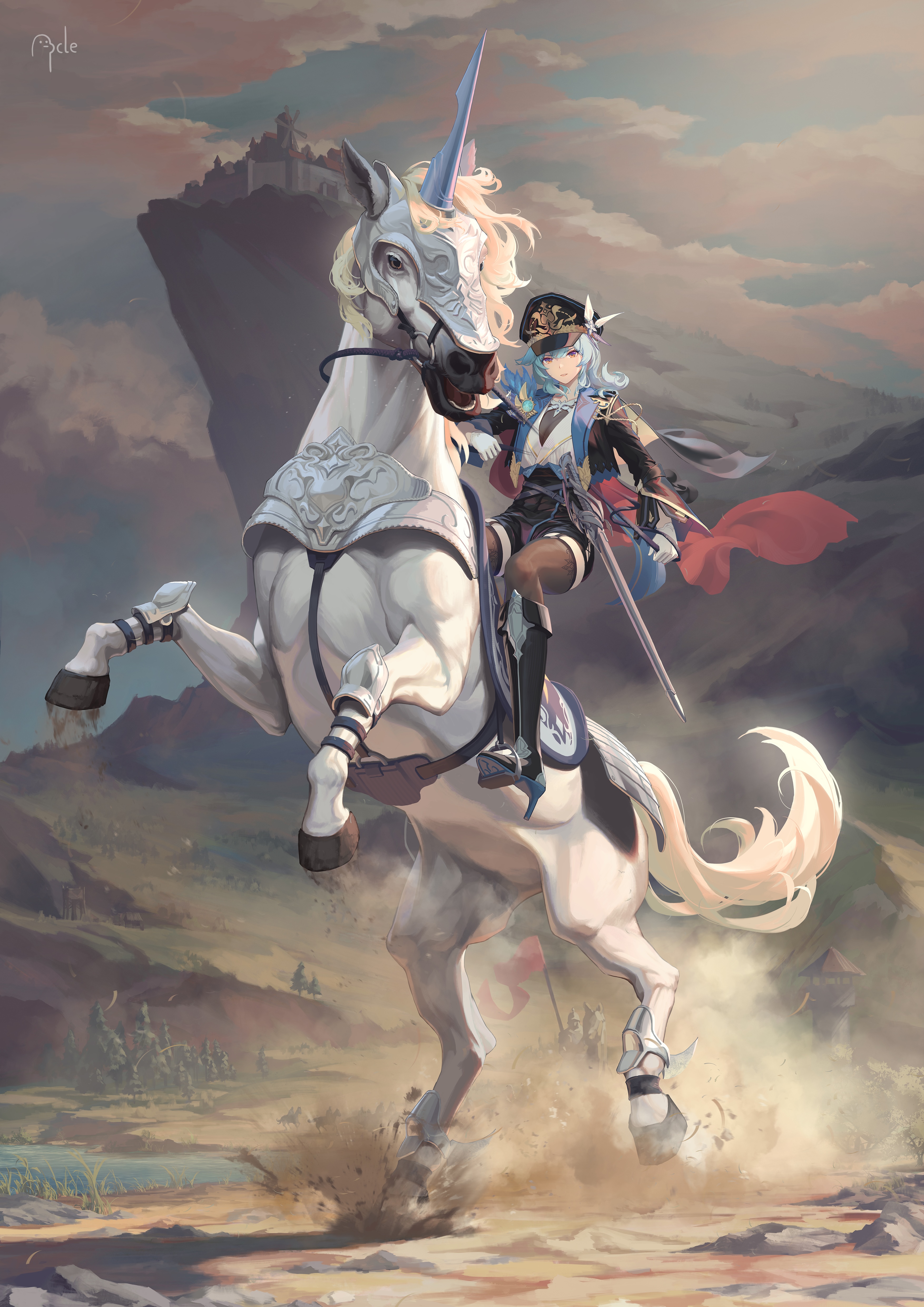 Eula Riding a Unicorn with a Castle in the Background HD Phone Wallpaper