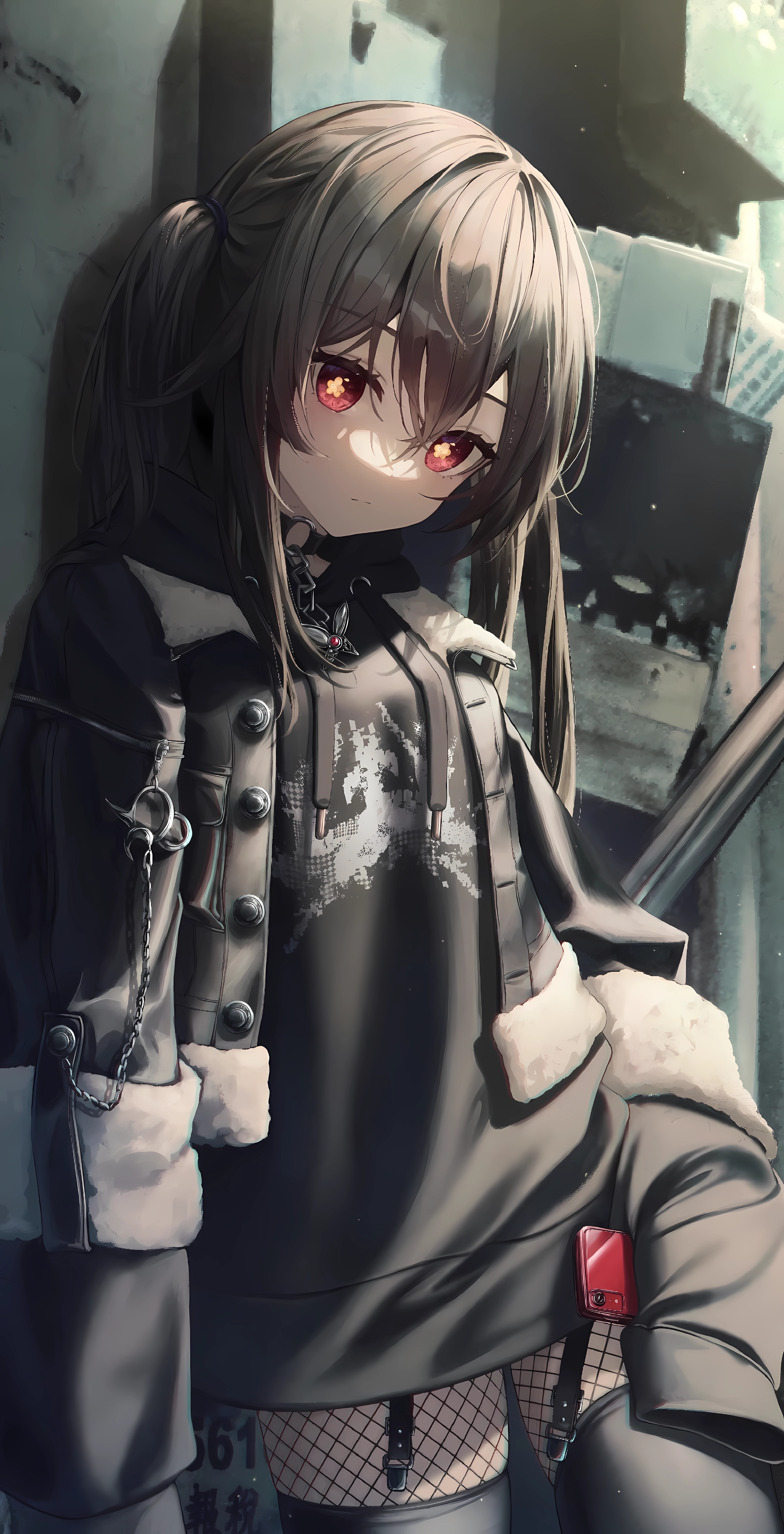 Hu Tao from Genshin Impact with twintails and phone HD Phone Wallpaper