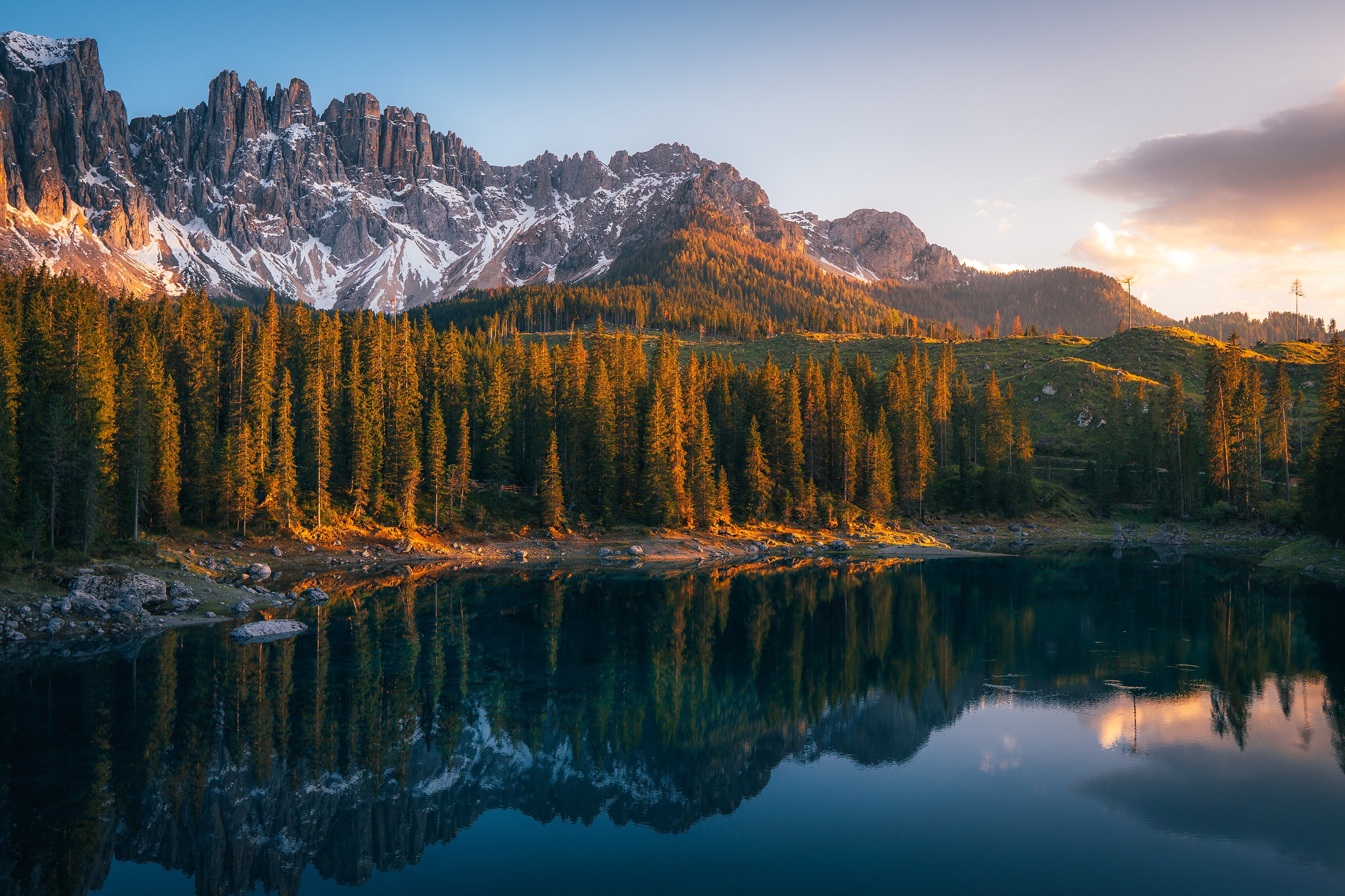 Lake reflection of mountains and forest in the Dolomites HD Wallpaper