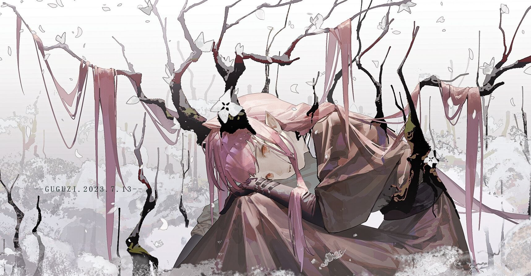 Anime girl with pink hair and antlers in a forest HD Wallpaper