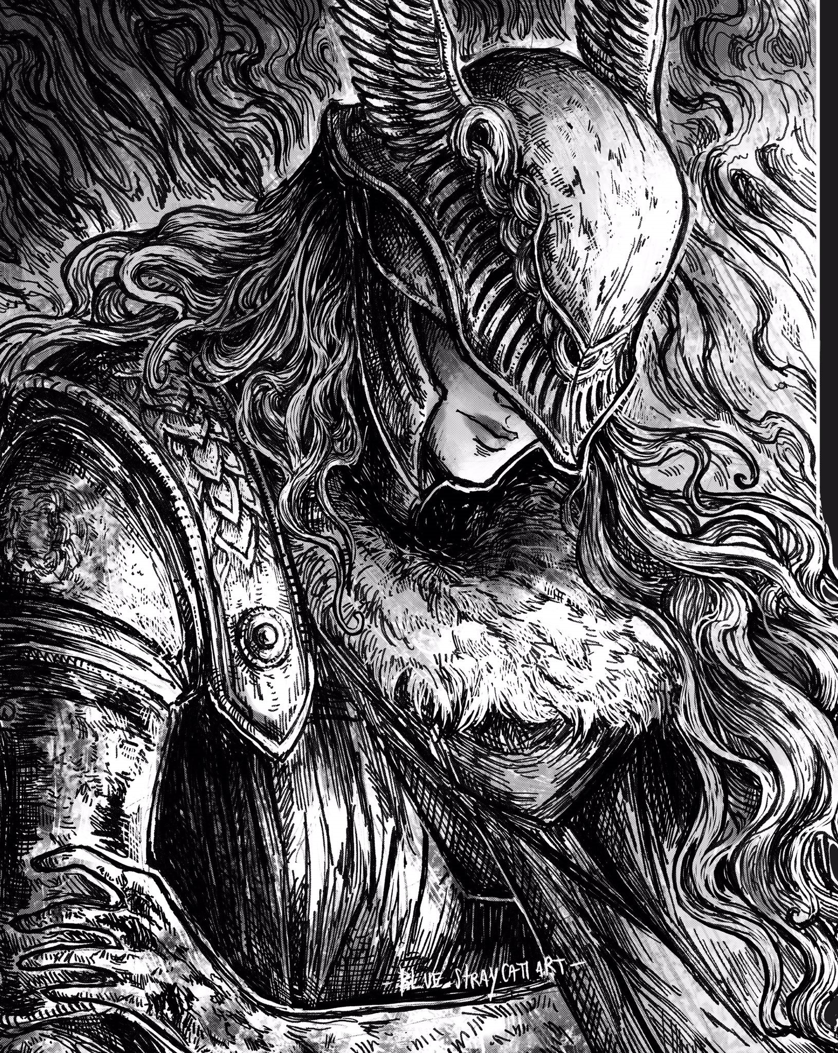 Malenia from Elden Ring, monochrome fantasy art HD Phone Wallpaper