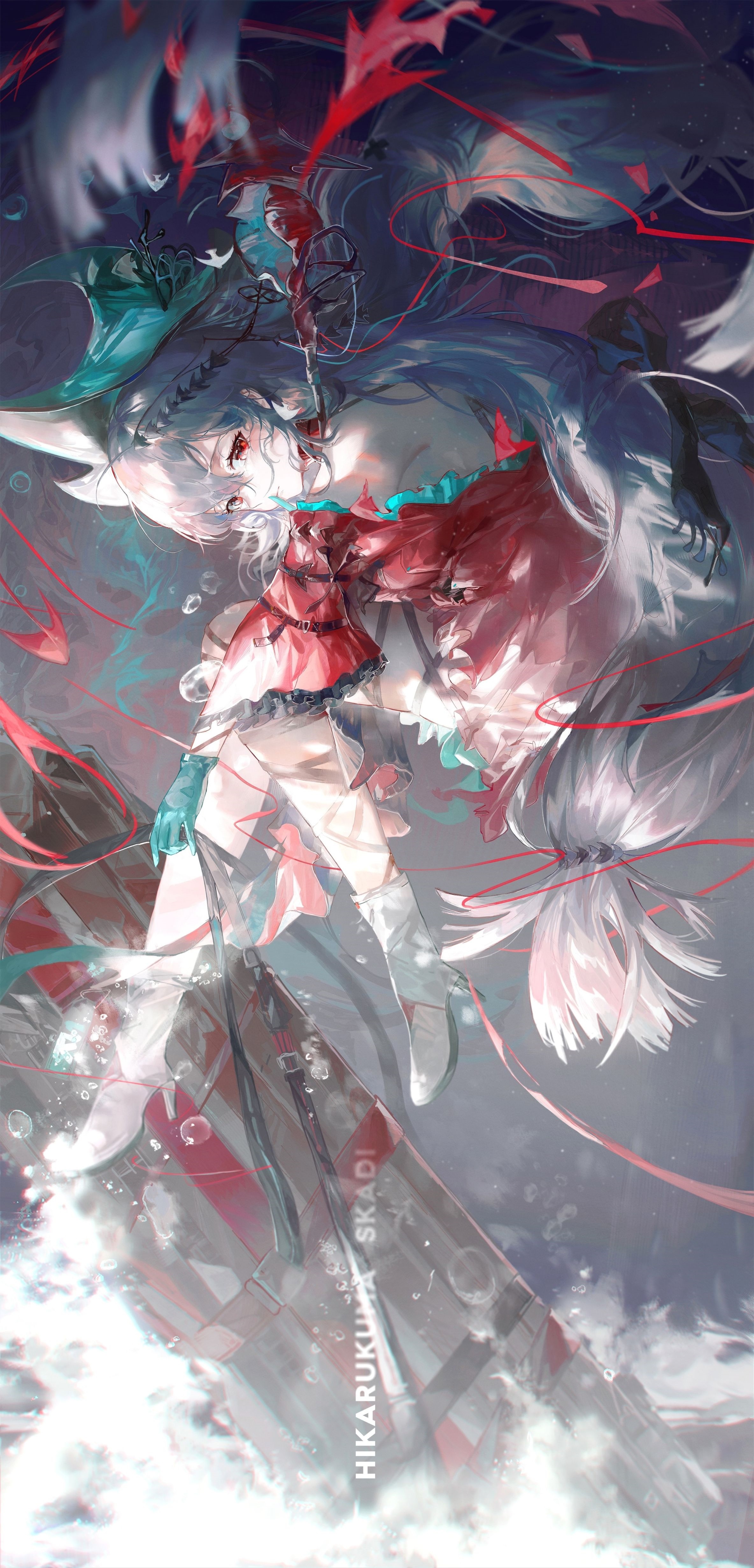 Skadi from Arknights in a red dress and gloves HD Phone Wallpaper