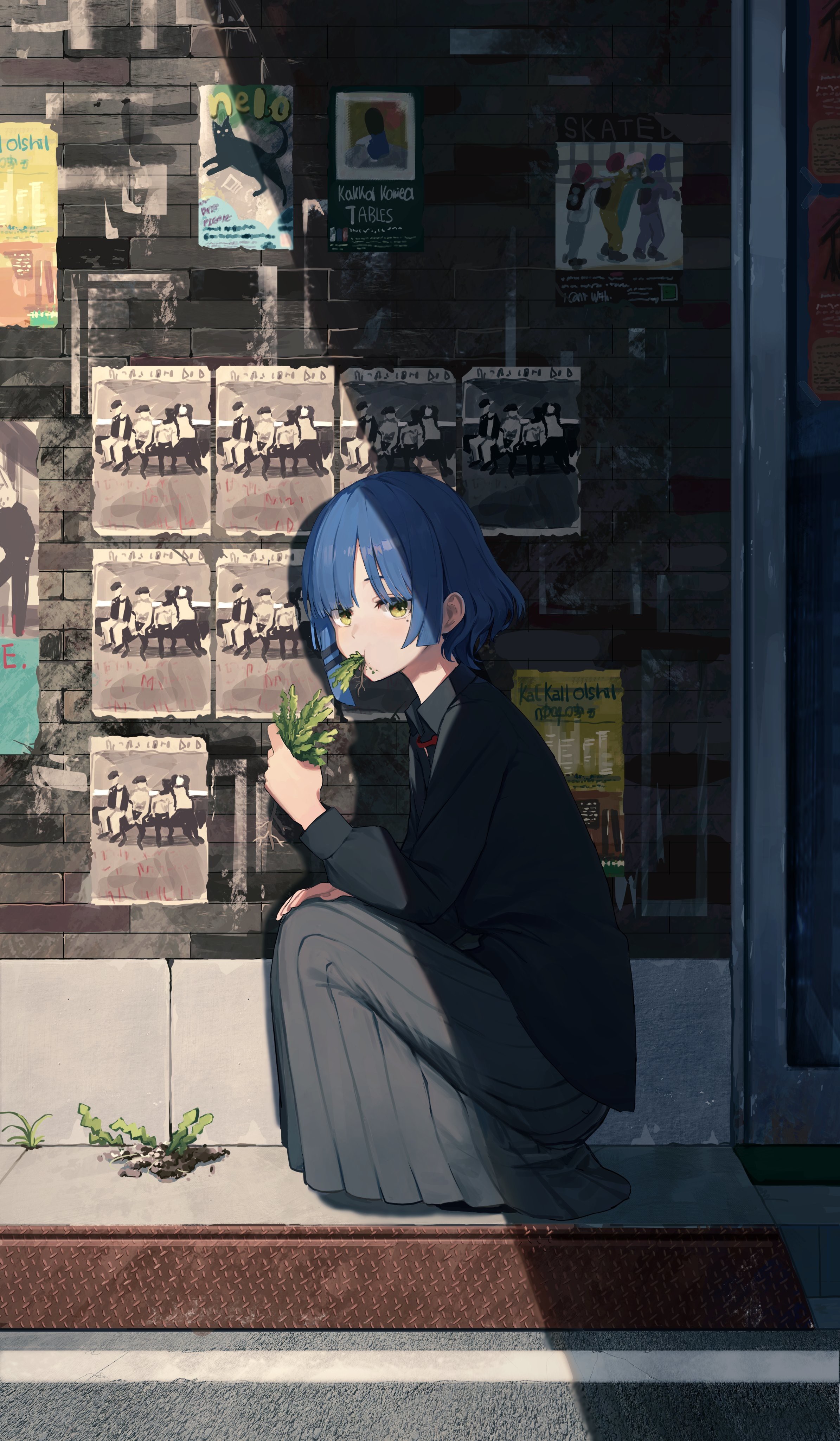 Anime girl with blue hair eating leaves HD Phone Wallpaper