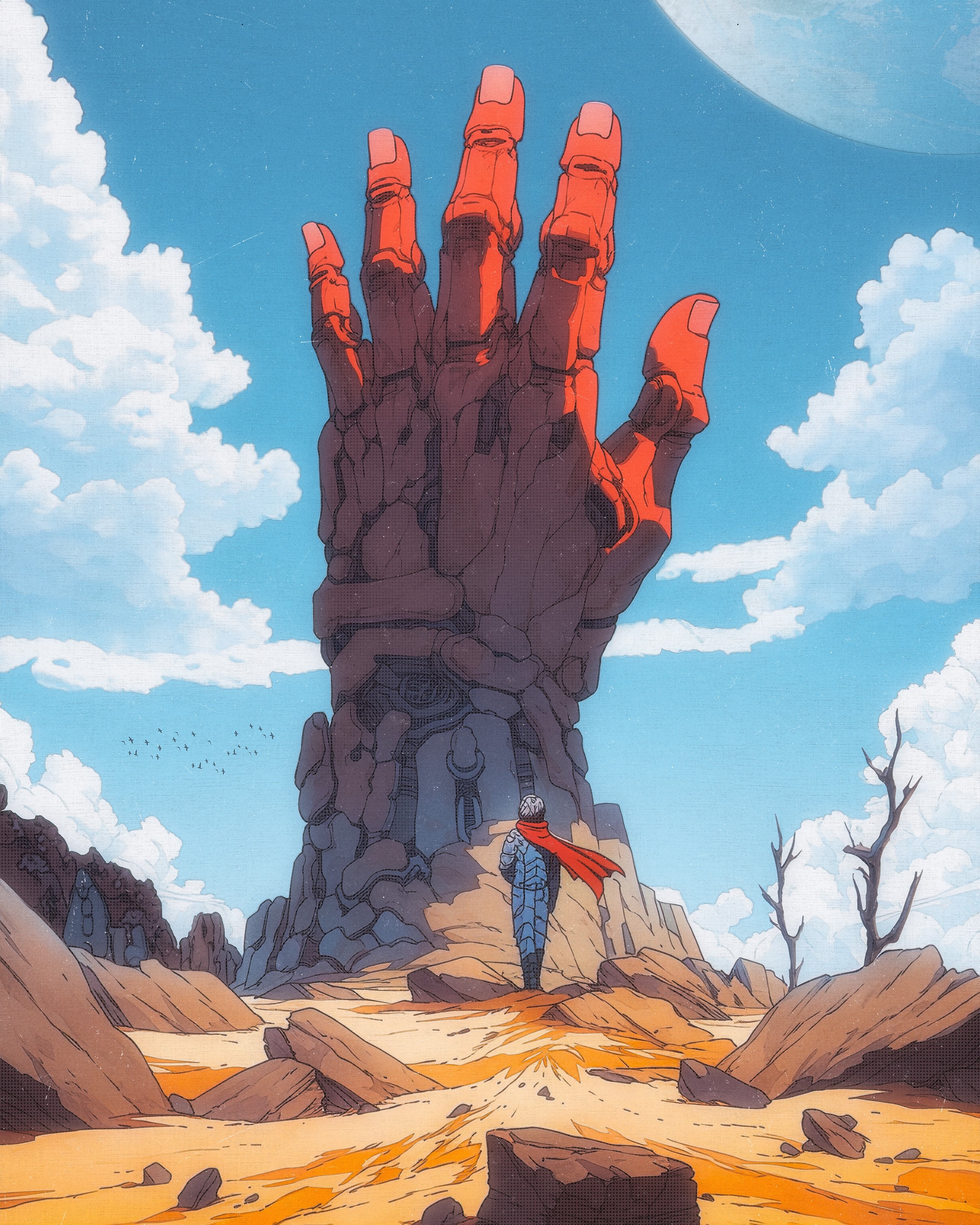 Giant red hand structure in a desert landscape HD Phone Wallpaper