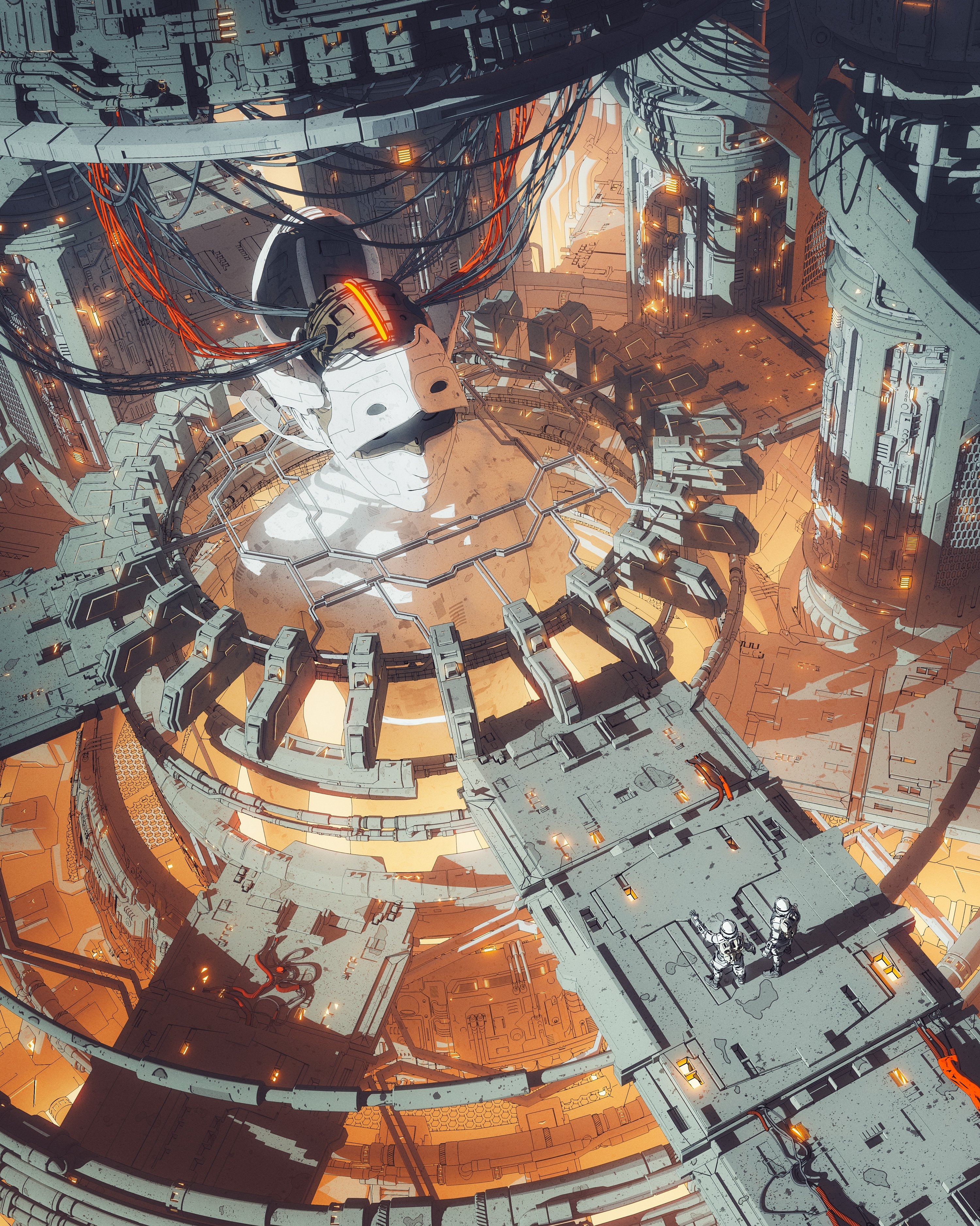 Futuristic Cybernetic Structure with Astronauts HD Phone Wallpaper