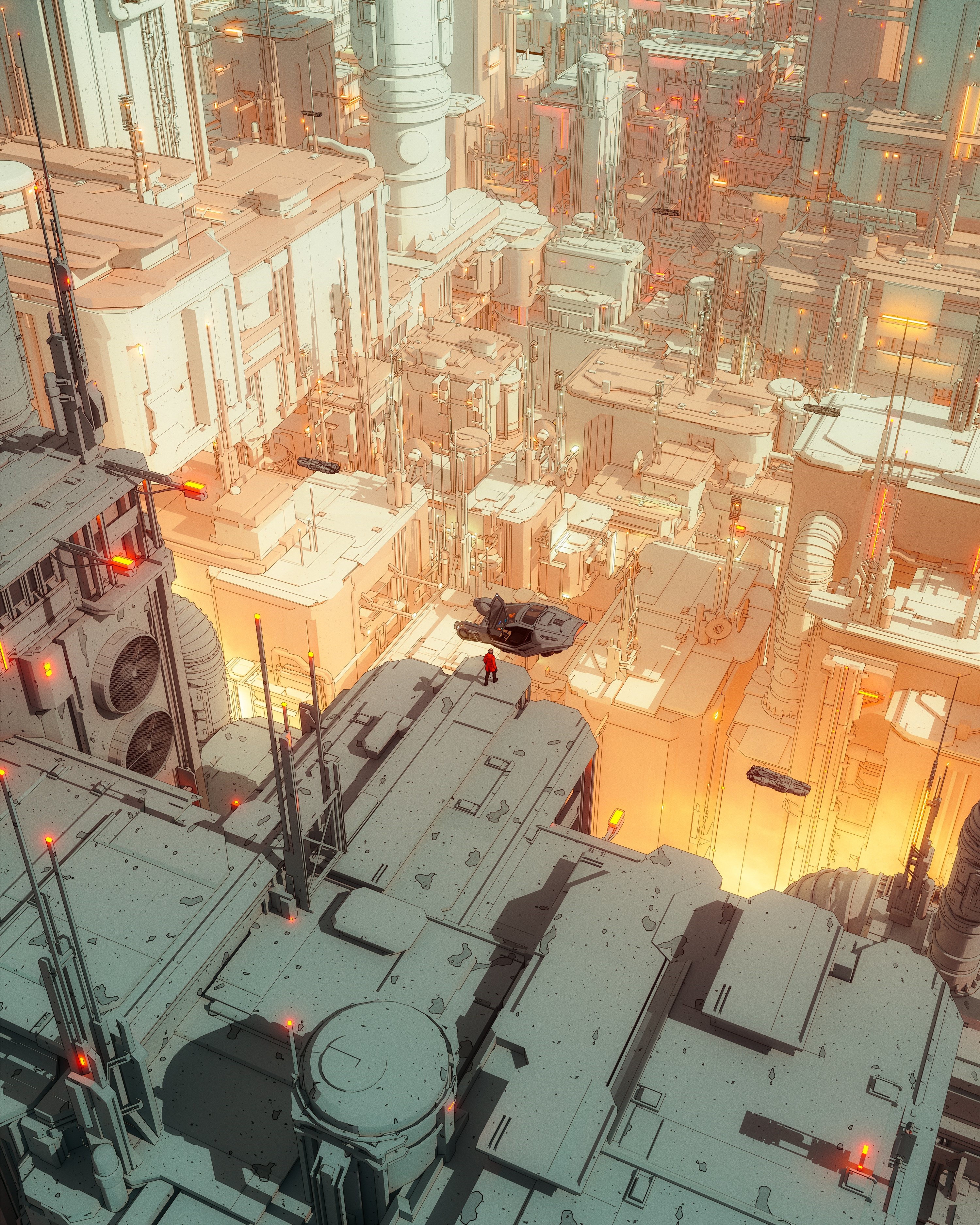 Cyberpunk city with flying cars and a lone figure HD Phone Wallpaper