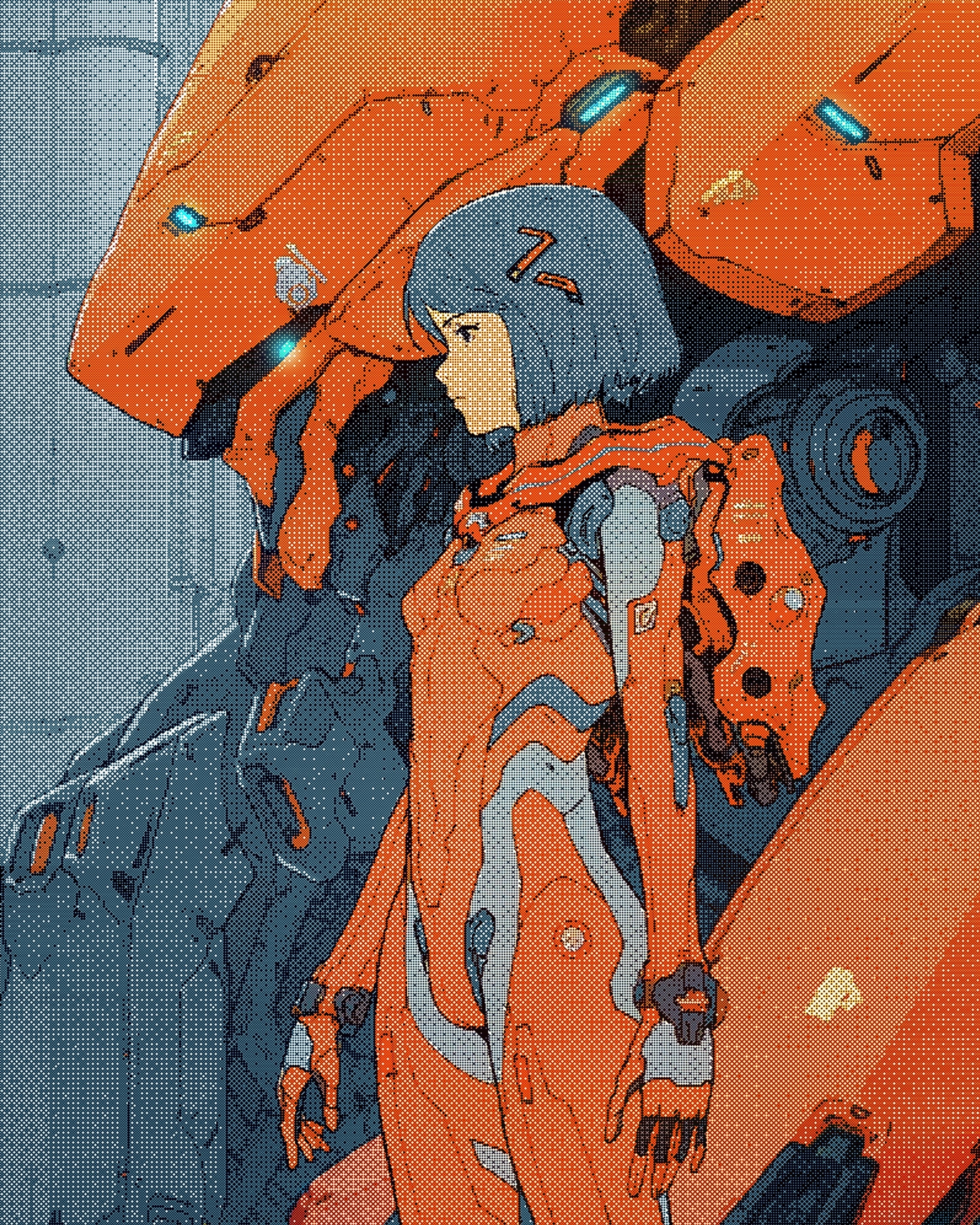 Girl in orange mech suit with large mecha HD Phone Wallpaper
