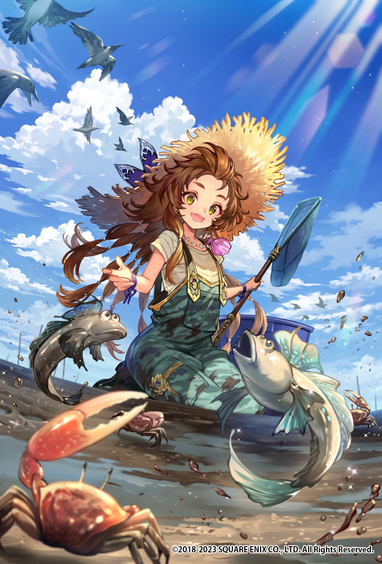 Square Enix Girl Fishing with Net and Crab HD Phone Wallpaper