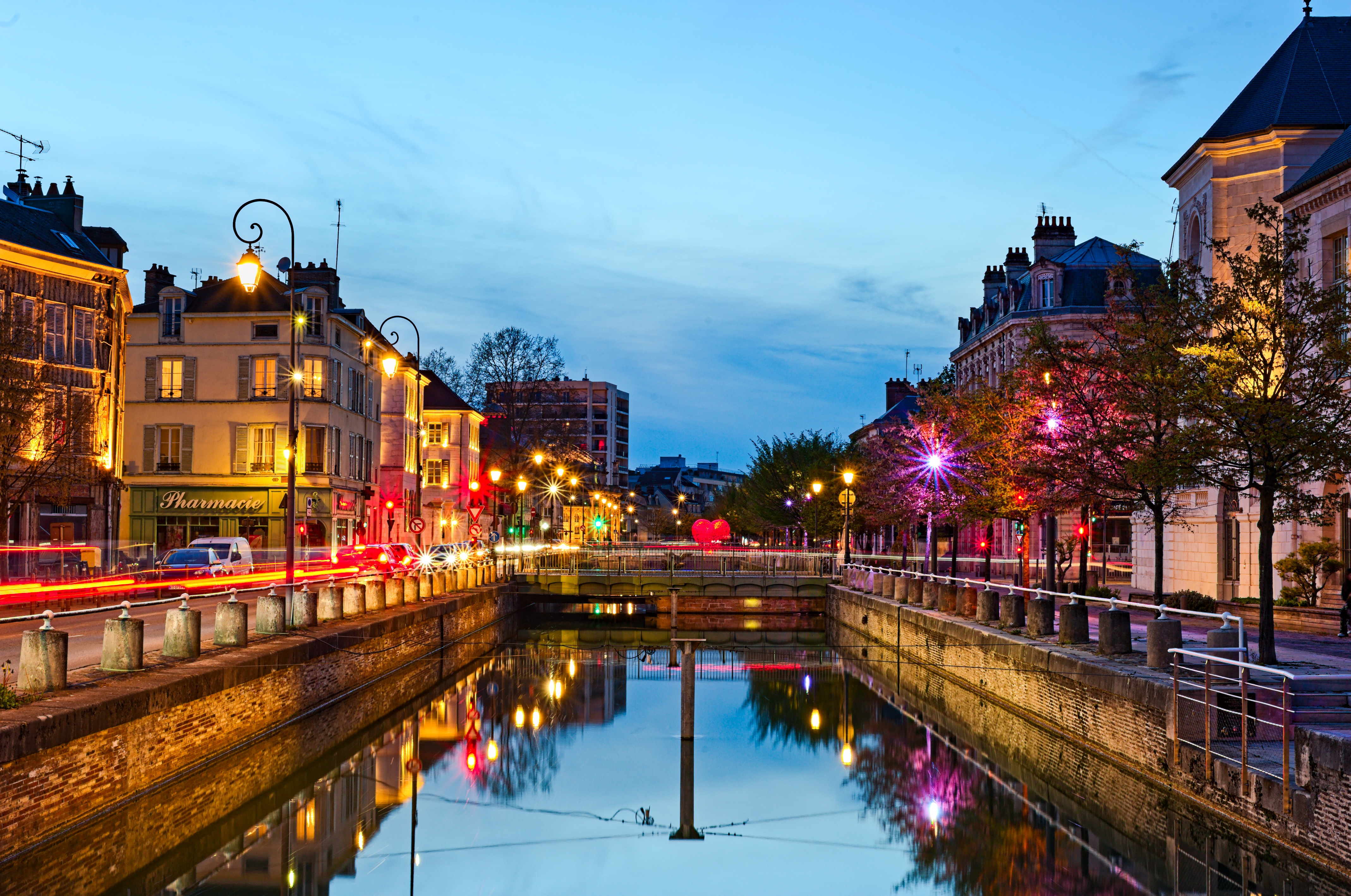 Canal in France at Dusk with City Lights HD Wallpaper
