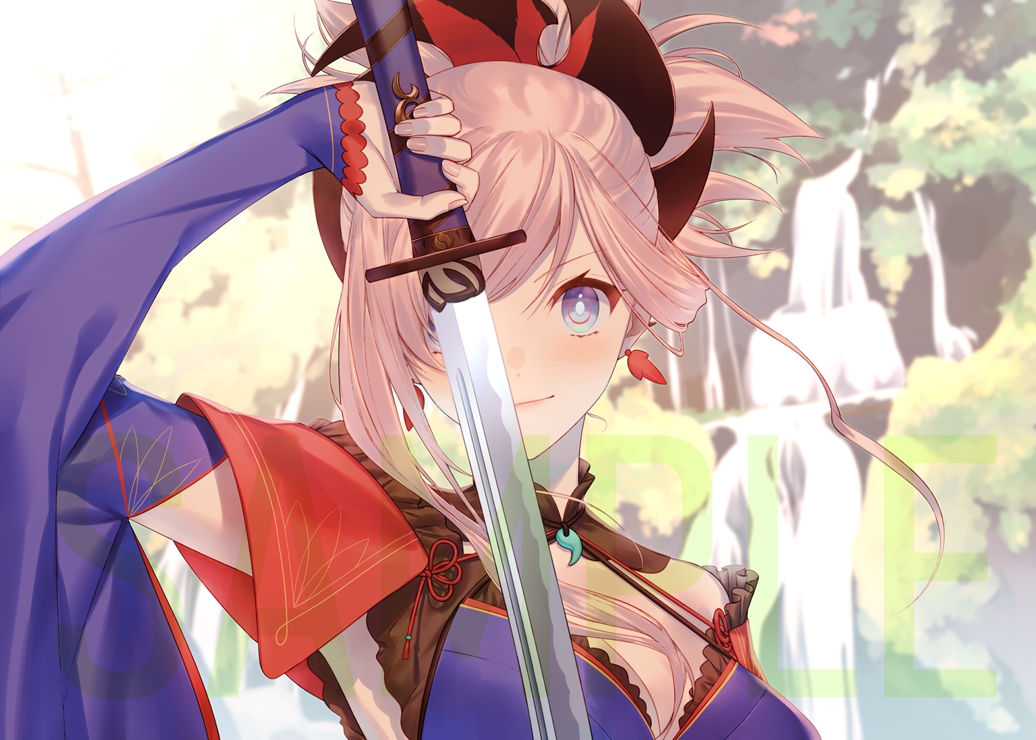 Anime girl with katana in front of waterfall HD Wallpaper