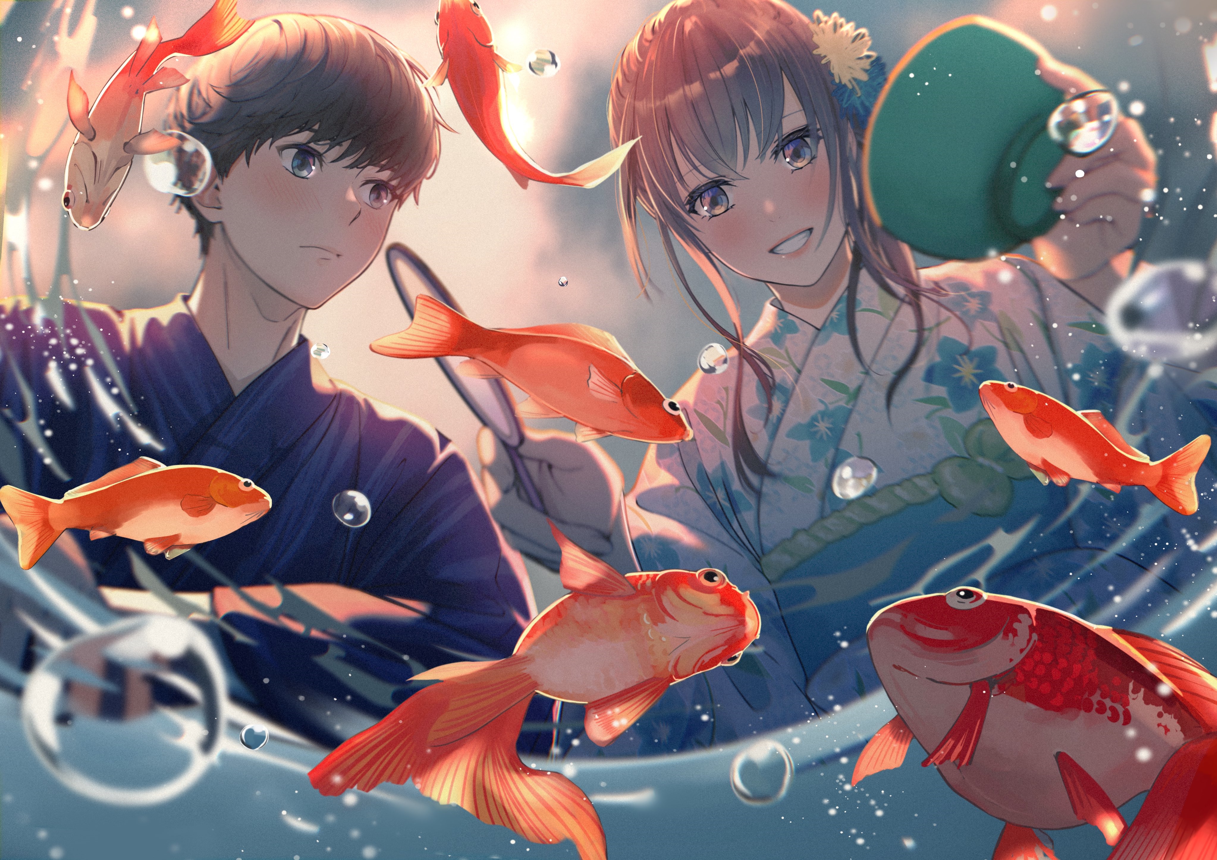 Anime couple in yukata with goldfish HD Wallpaper