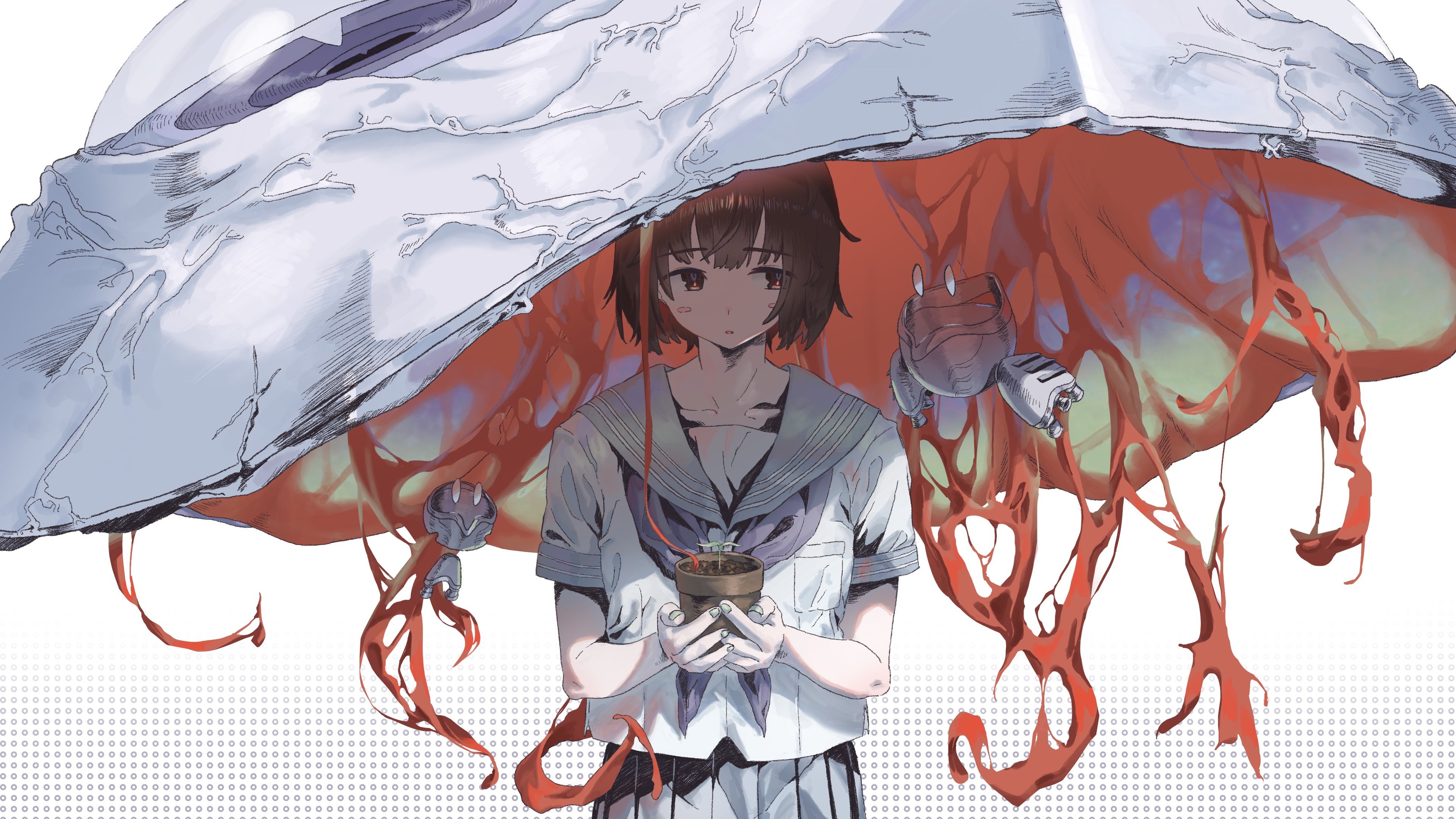 Girl in School Uniform Under a Creature-like Umbrella HD Wallpaper