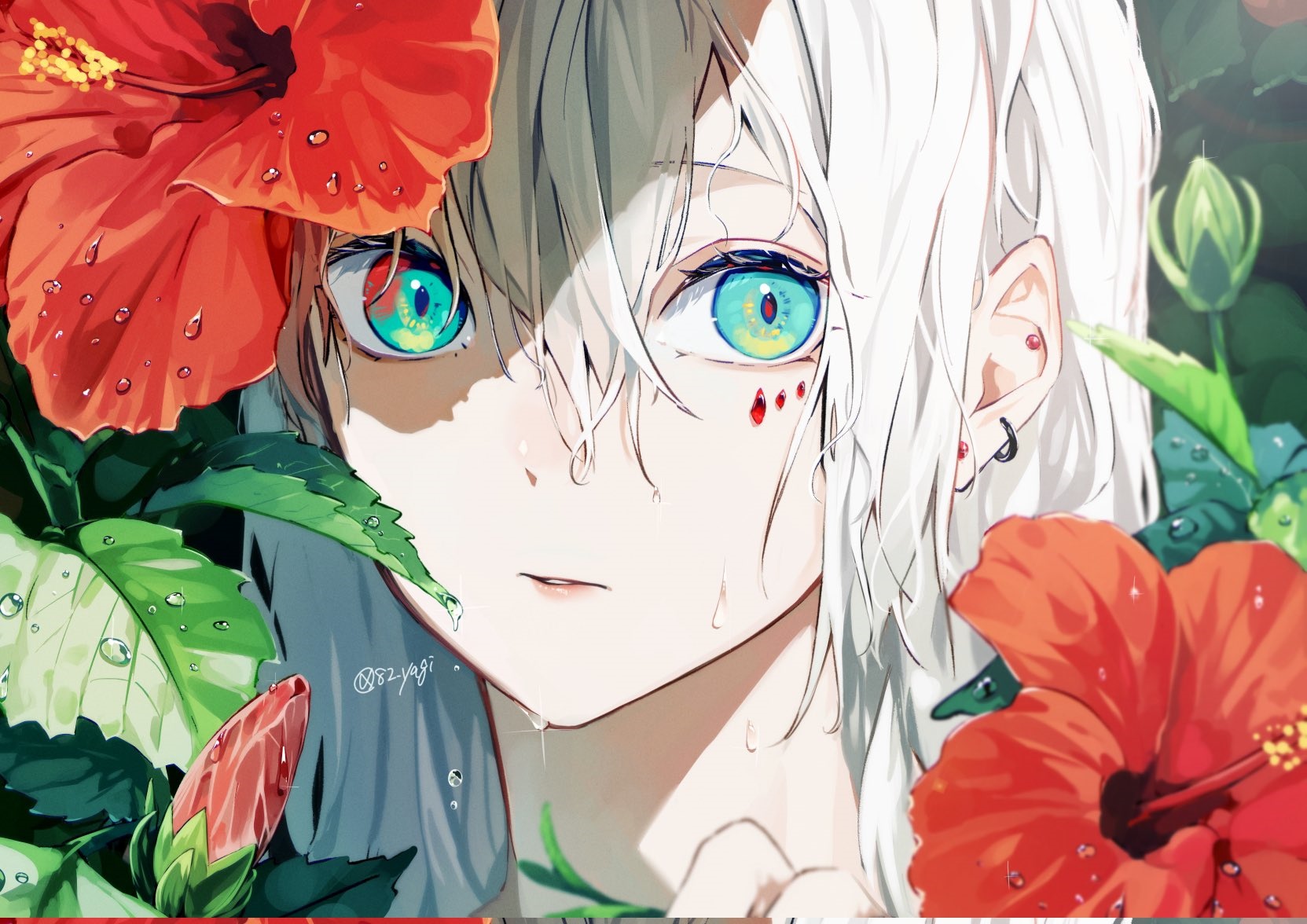 Anime character with blue eyes and hibiscus flowers HD Wallpaper