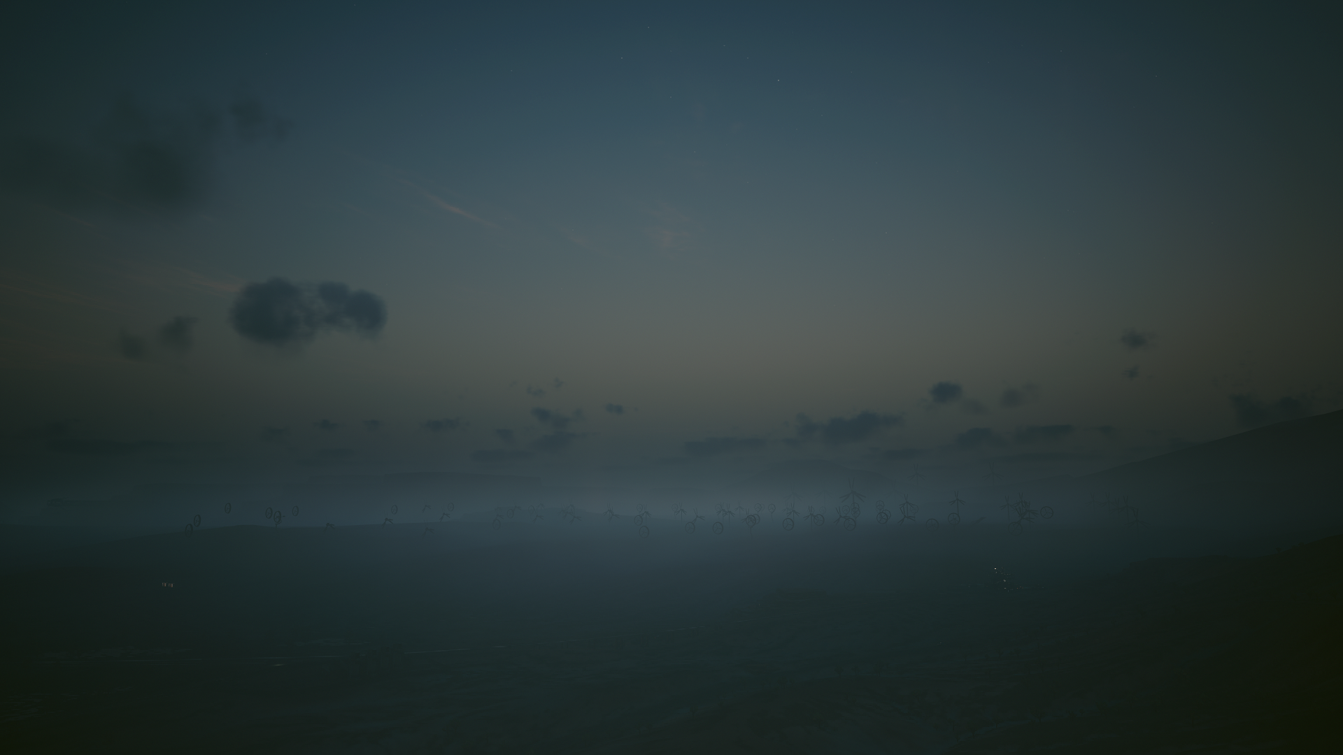 Cyberpunk 2077 landscape with wind turbines at dusk HD Wallpaper