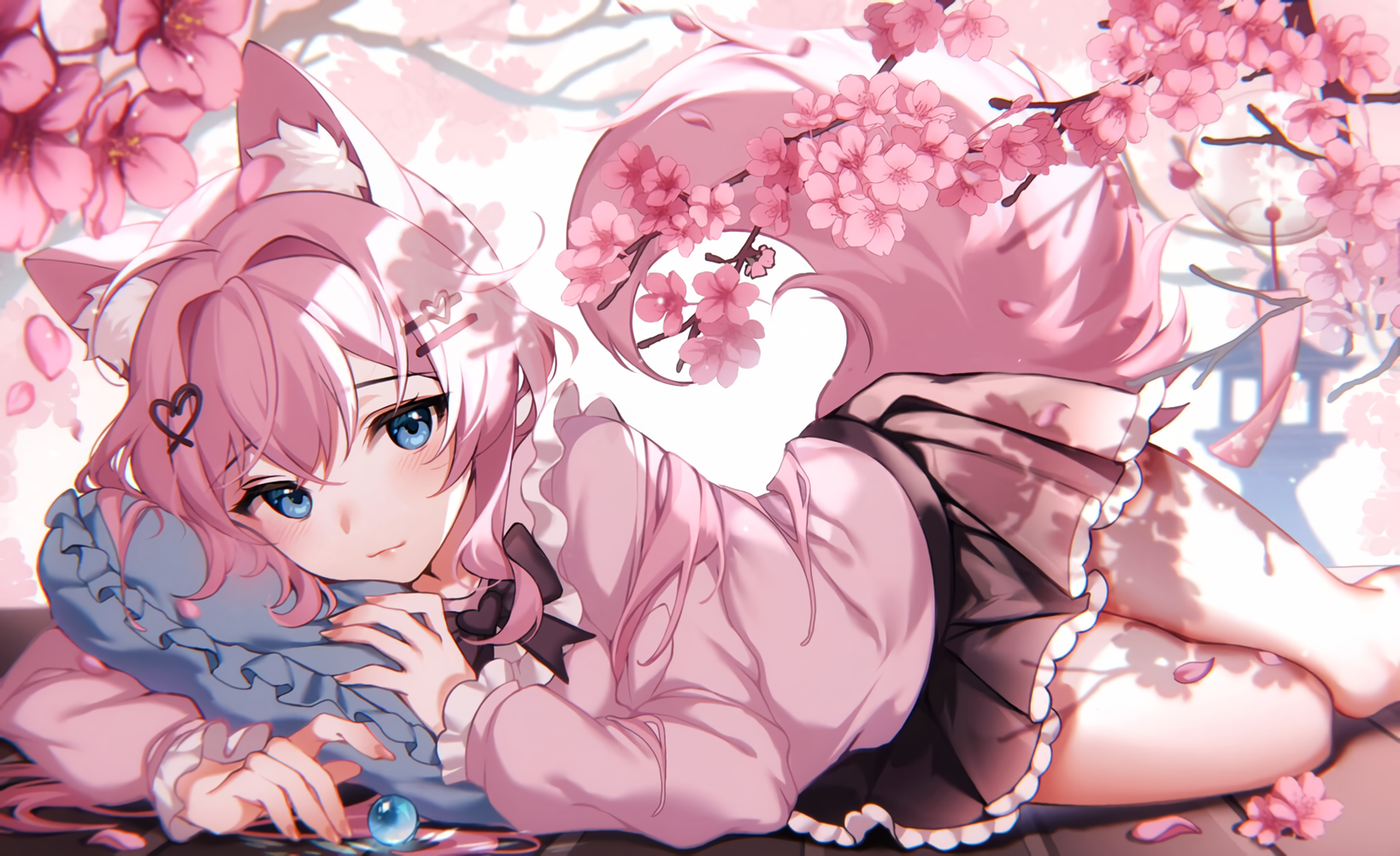 Fox girl with pink hair and blue eyes lying down HD Wallpaper