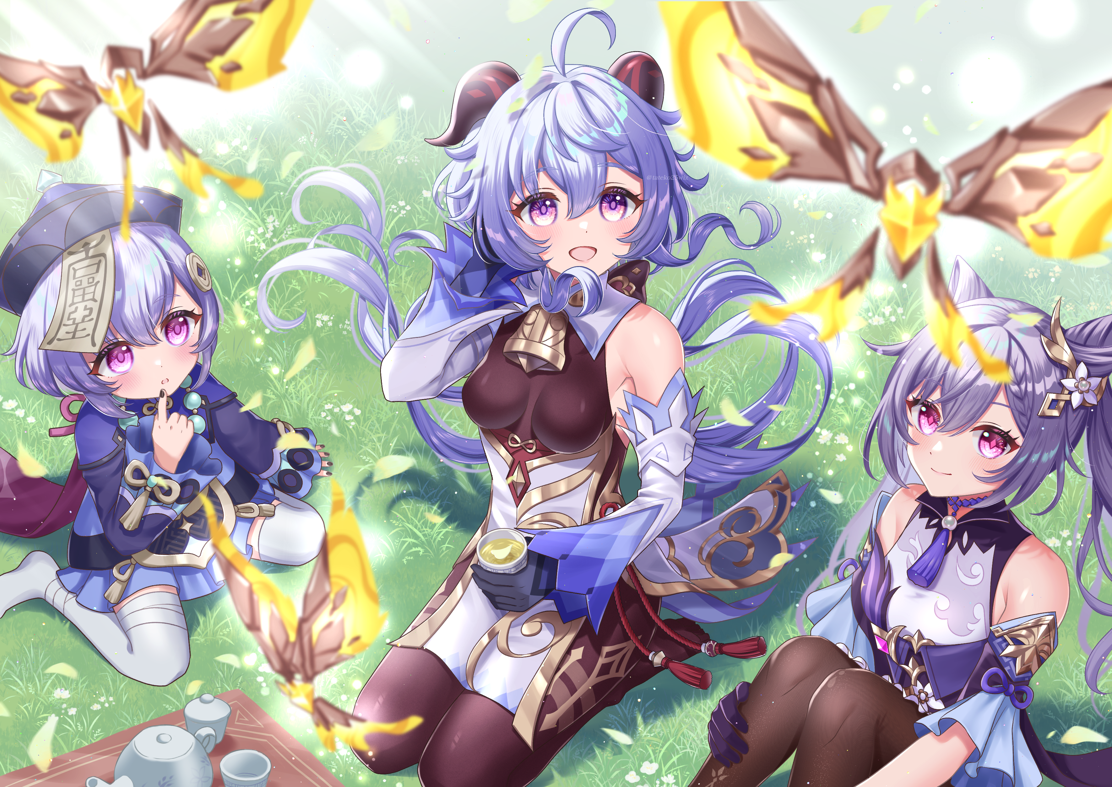 Ganyu, Qiqi, and Keqing having a picnic in Genshin Impact HD Wallpaper