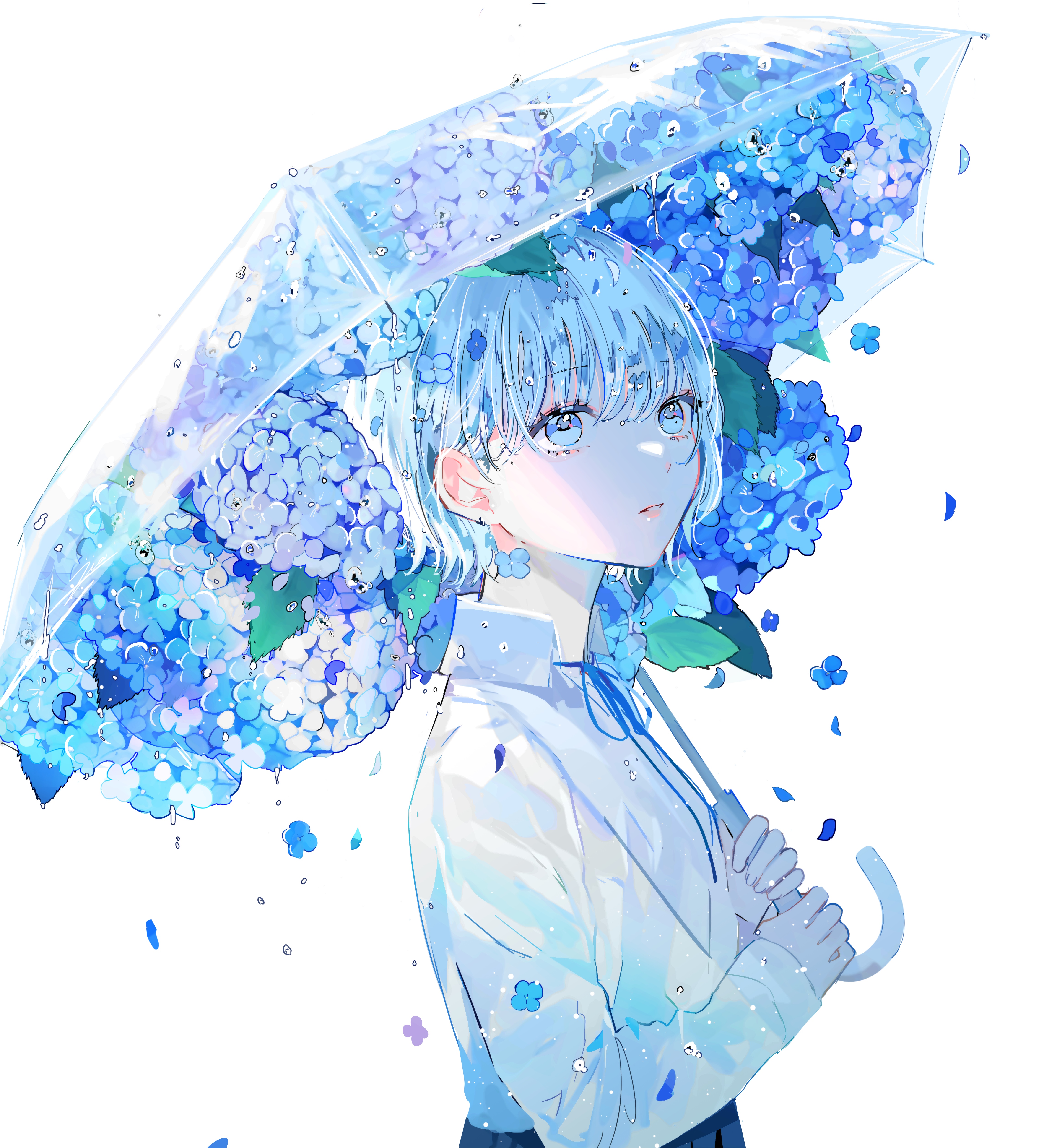 Girl with blue flowers on umbrella HD Wallpaper