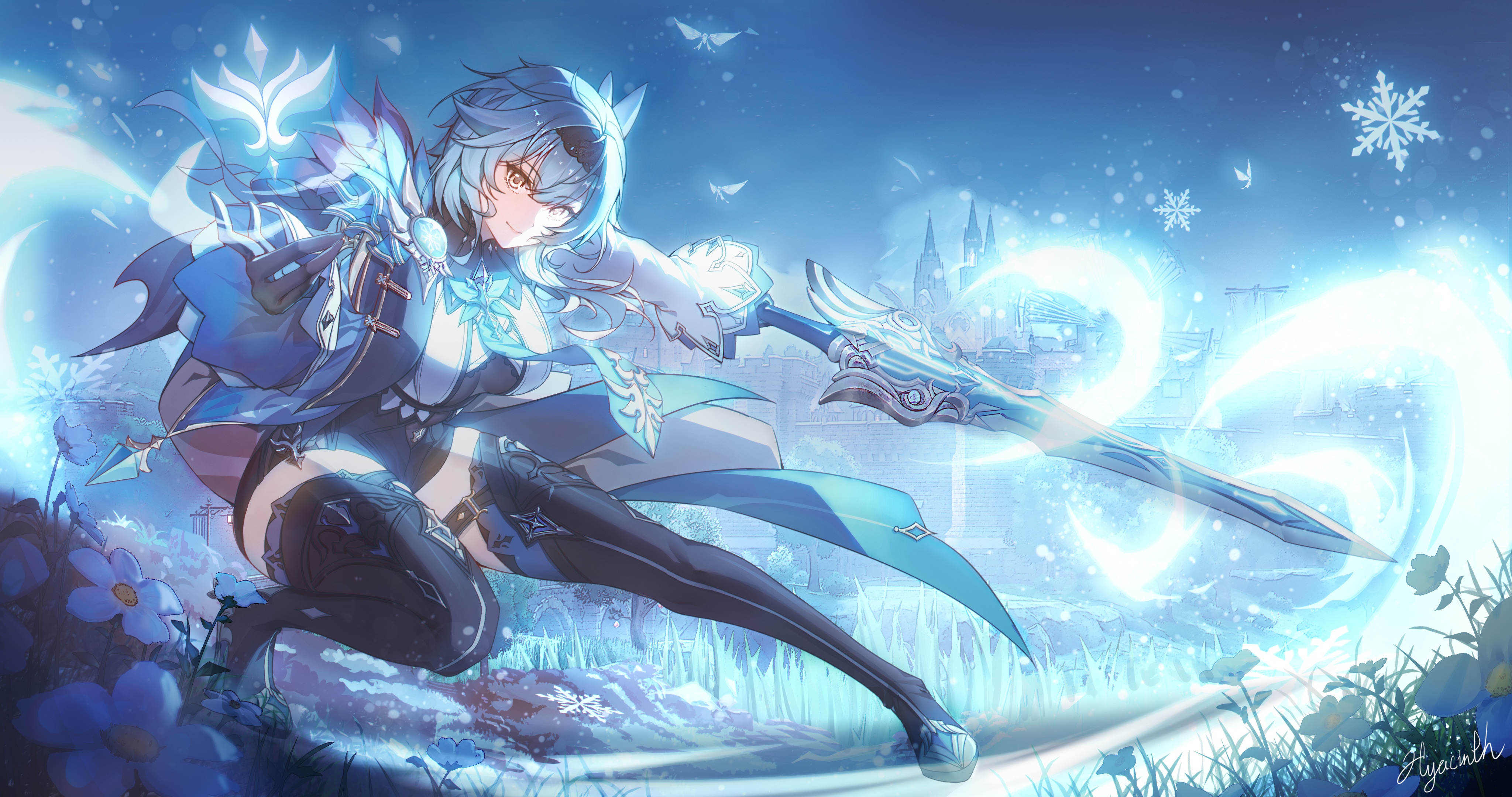 4K Eula with Blue Hair and Snowflakes in Genshin Impact HD Wallpaper