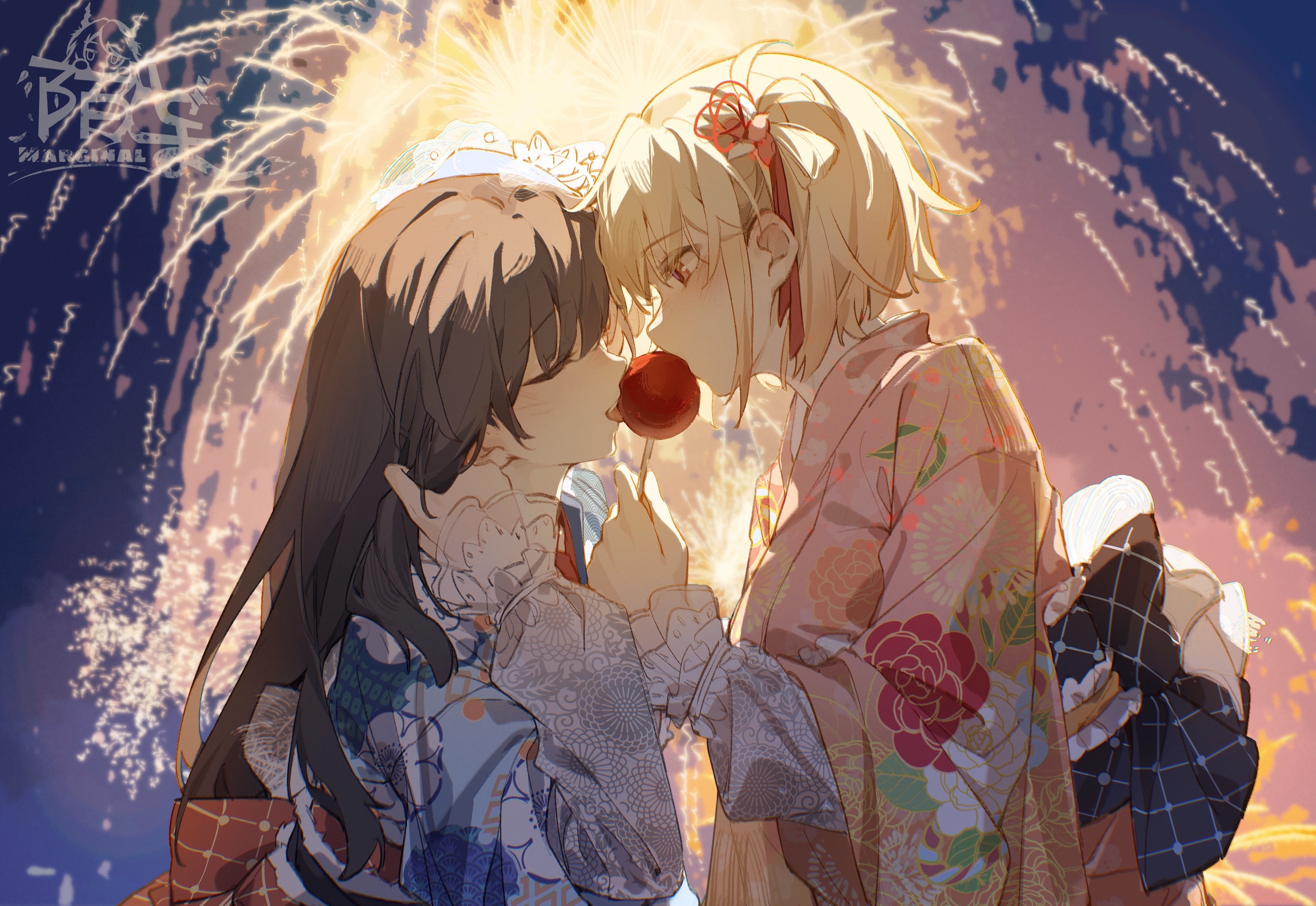 Chisato and Takina Sharing a Candy Apple with Fireworks HD Wallpaper