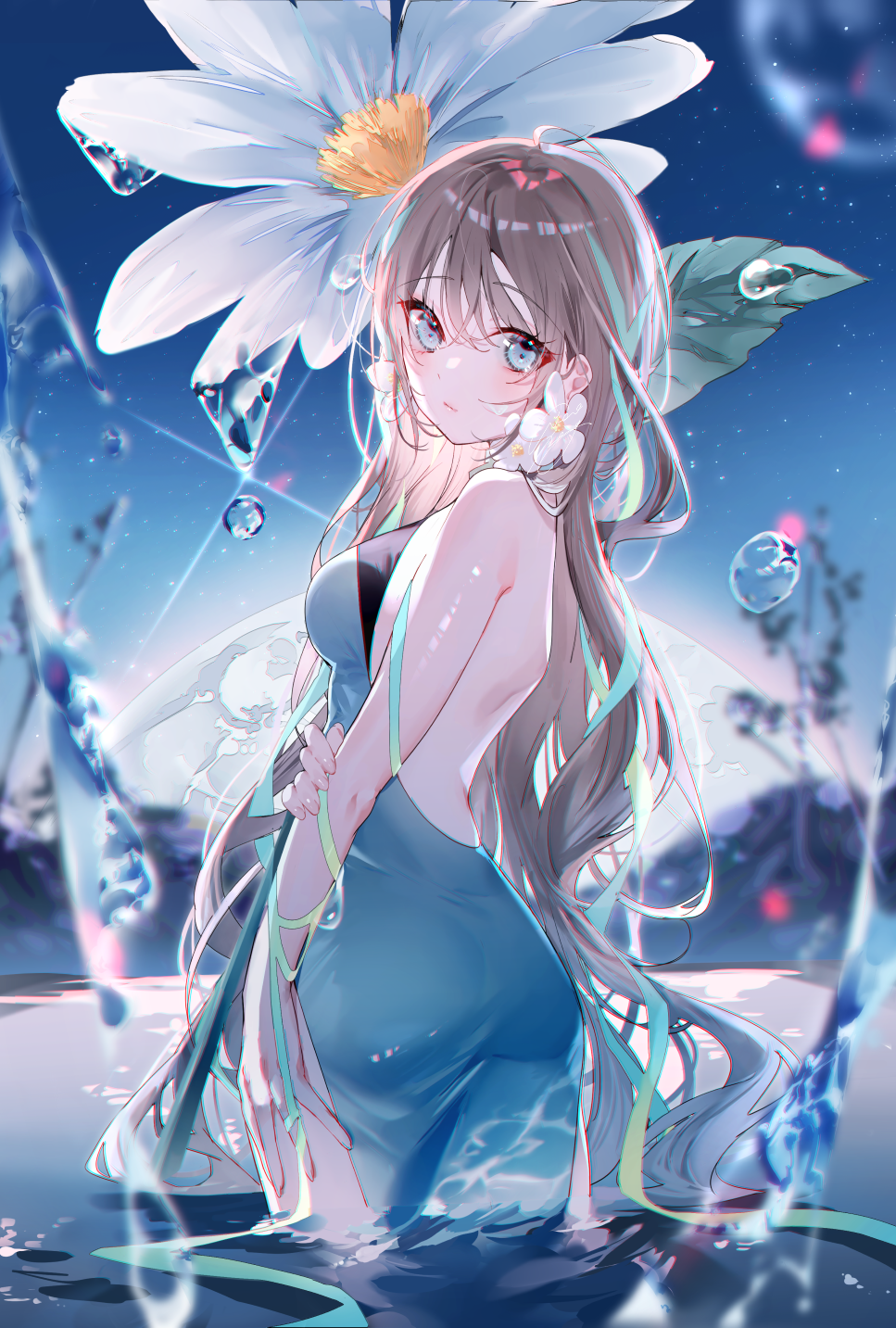 Girl in blue dress with flowers and water drops HD Phone Wallpaper