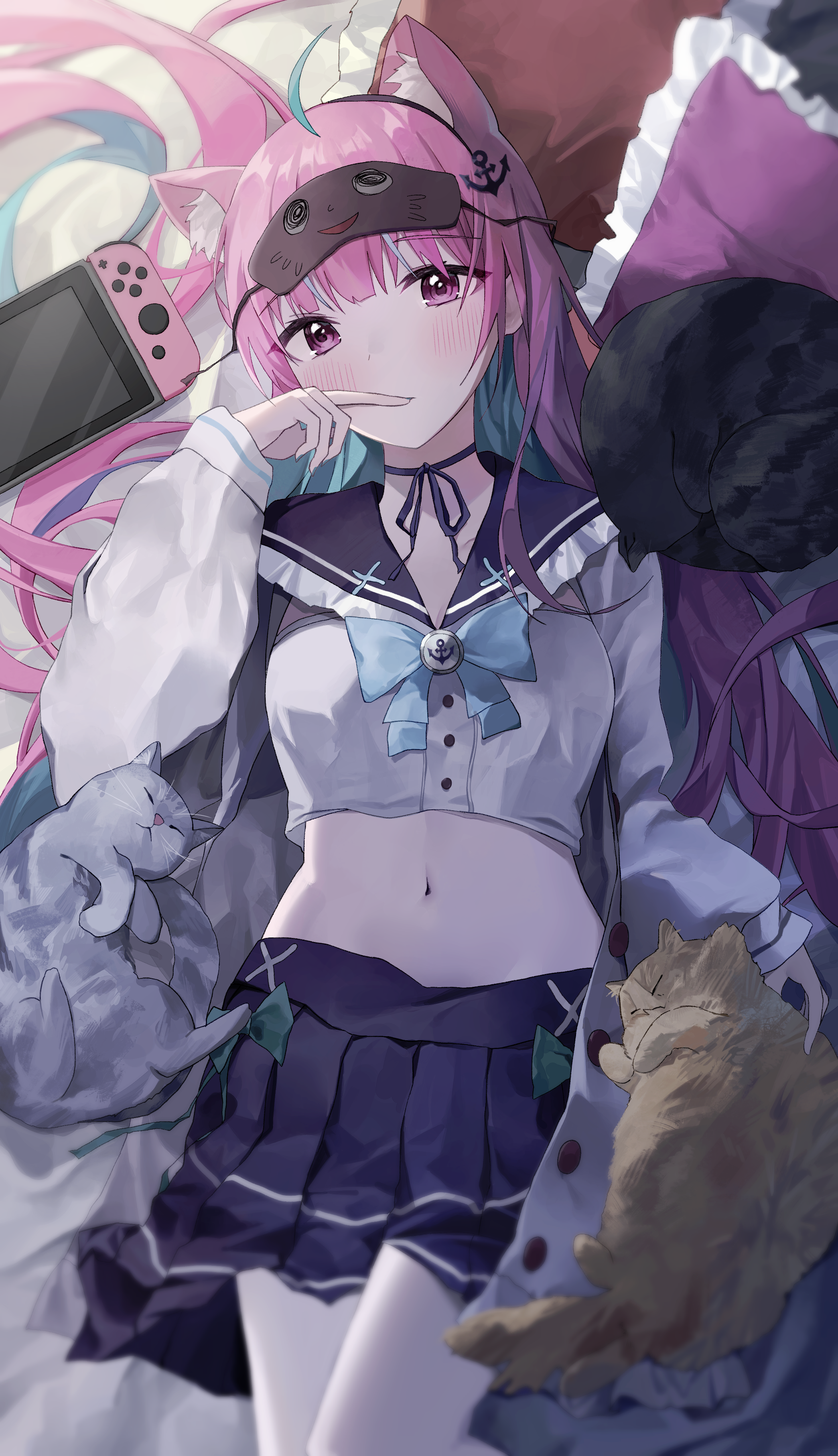 Minato Aqua with cats and Nintendo Switch HD Phone Wallpaper
