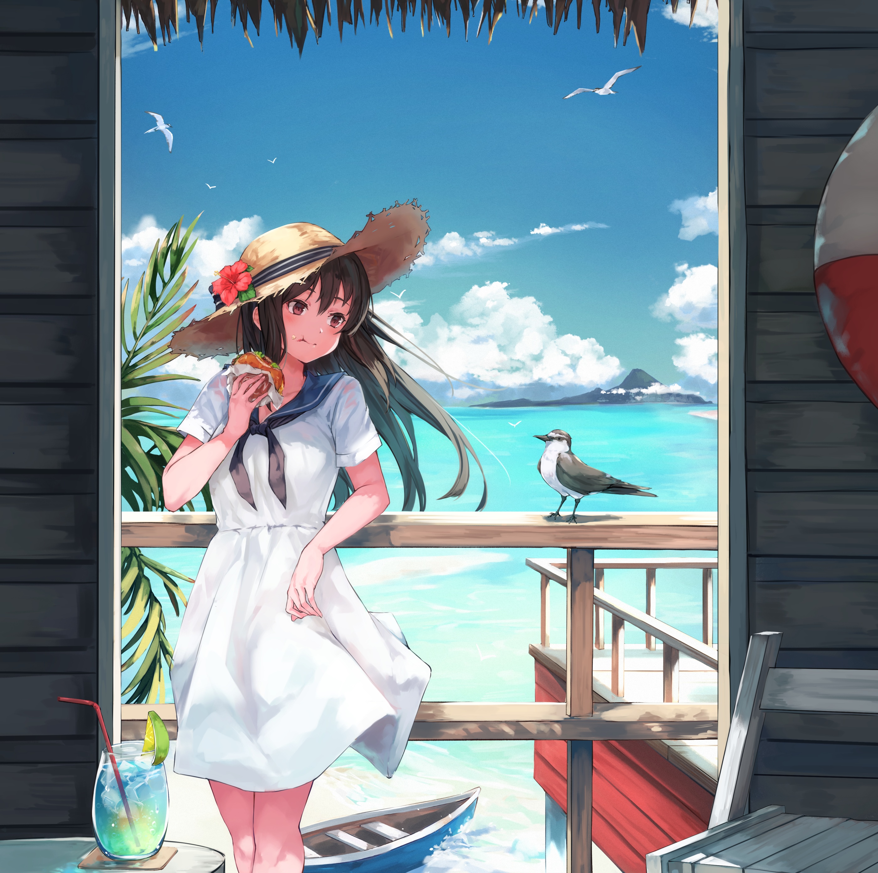 Girl in white dress eating on a tropical balcony HD Wallpaper