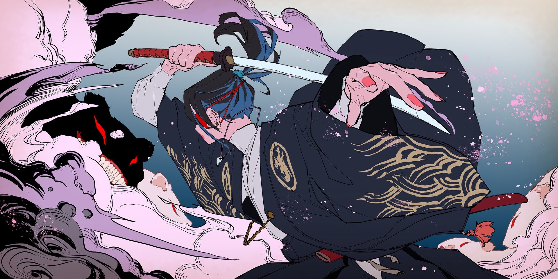Samurai with Katana fighting a creature HD Wallpaper