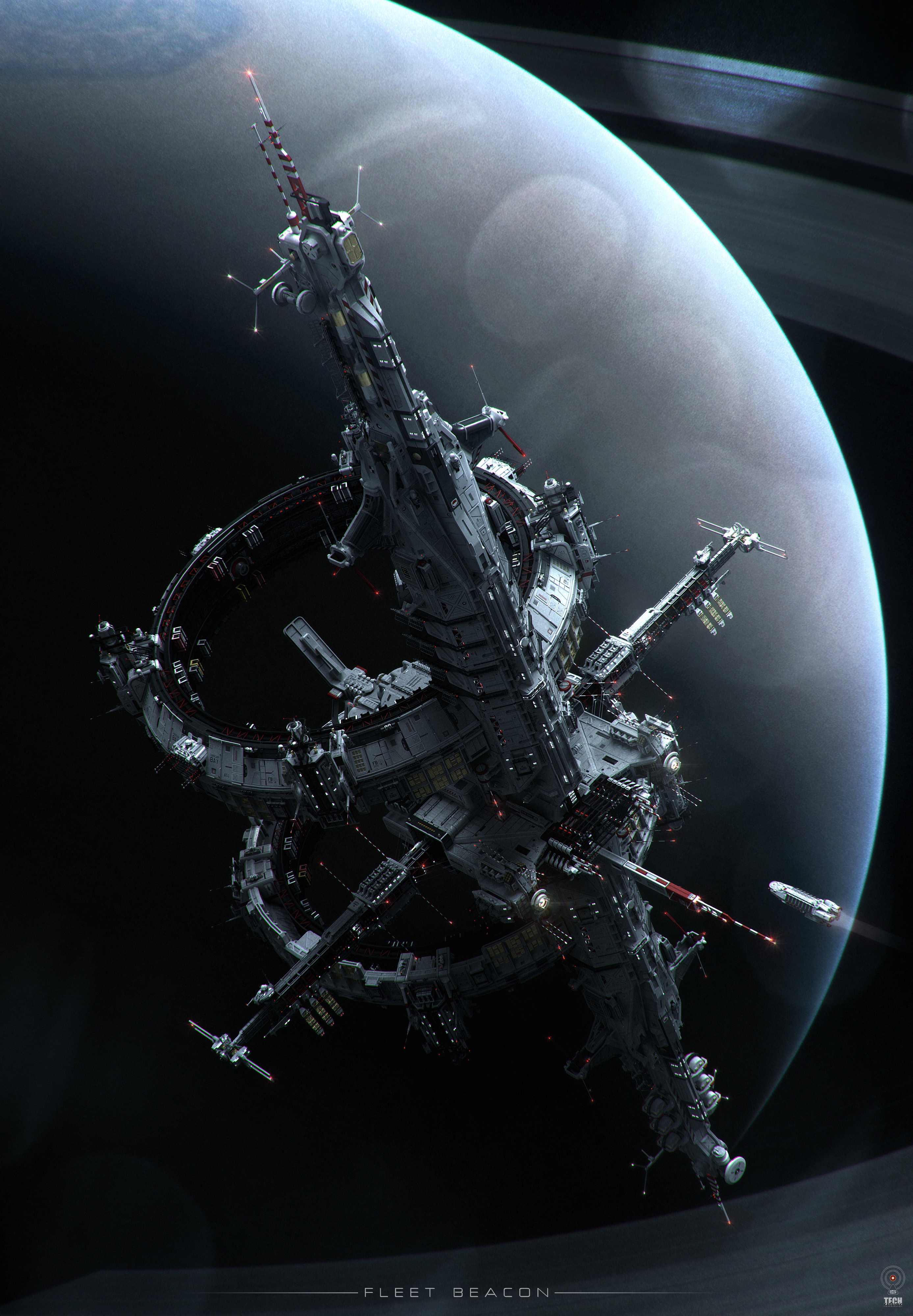 Fleet Beacon space station orbiting a ringed planet HD Phone Wallpaper