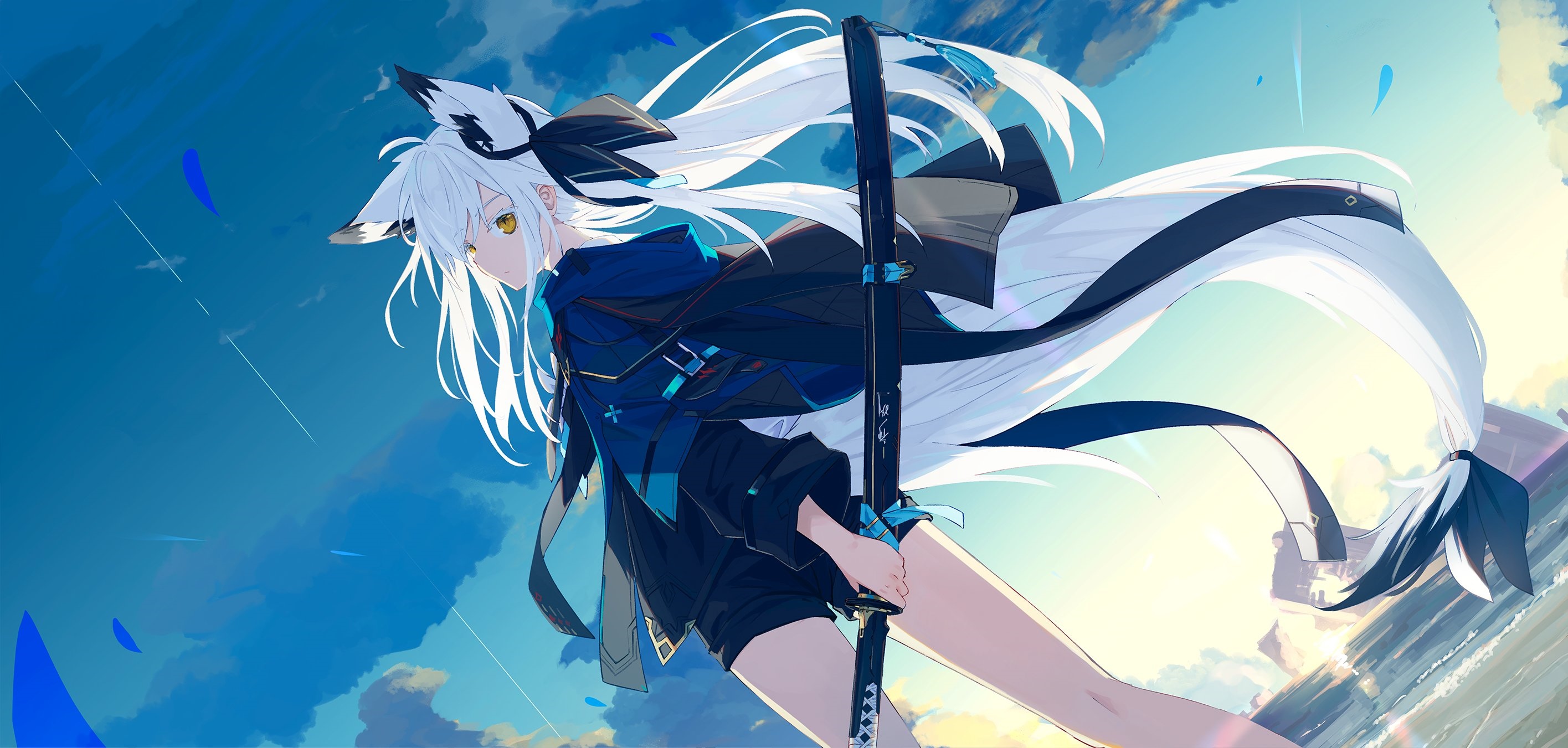 Anime girl with white hair holding a katana HD Wallpaper