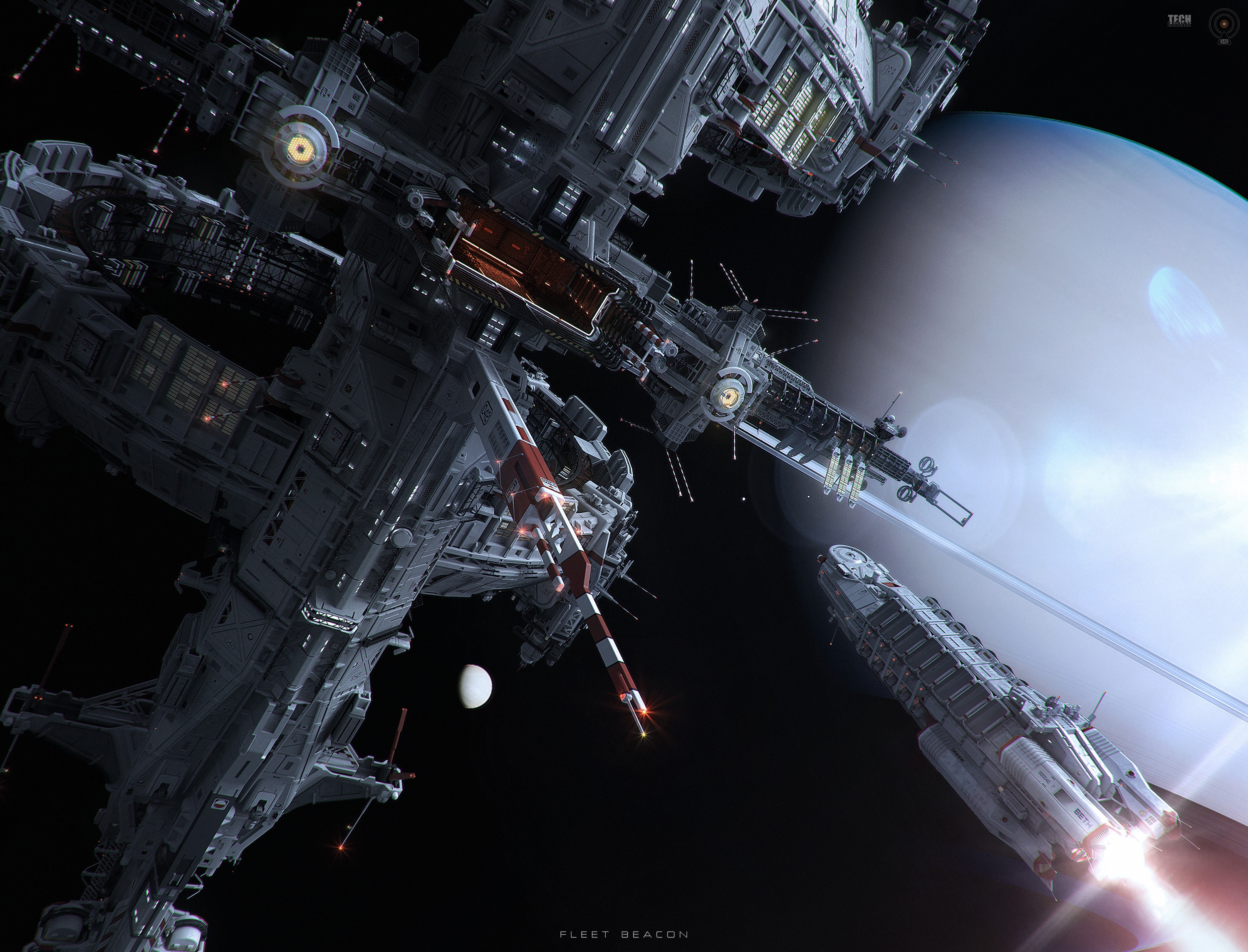Fleet Beacon Space Station with Planet and Spaceships HD Wallpaper