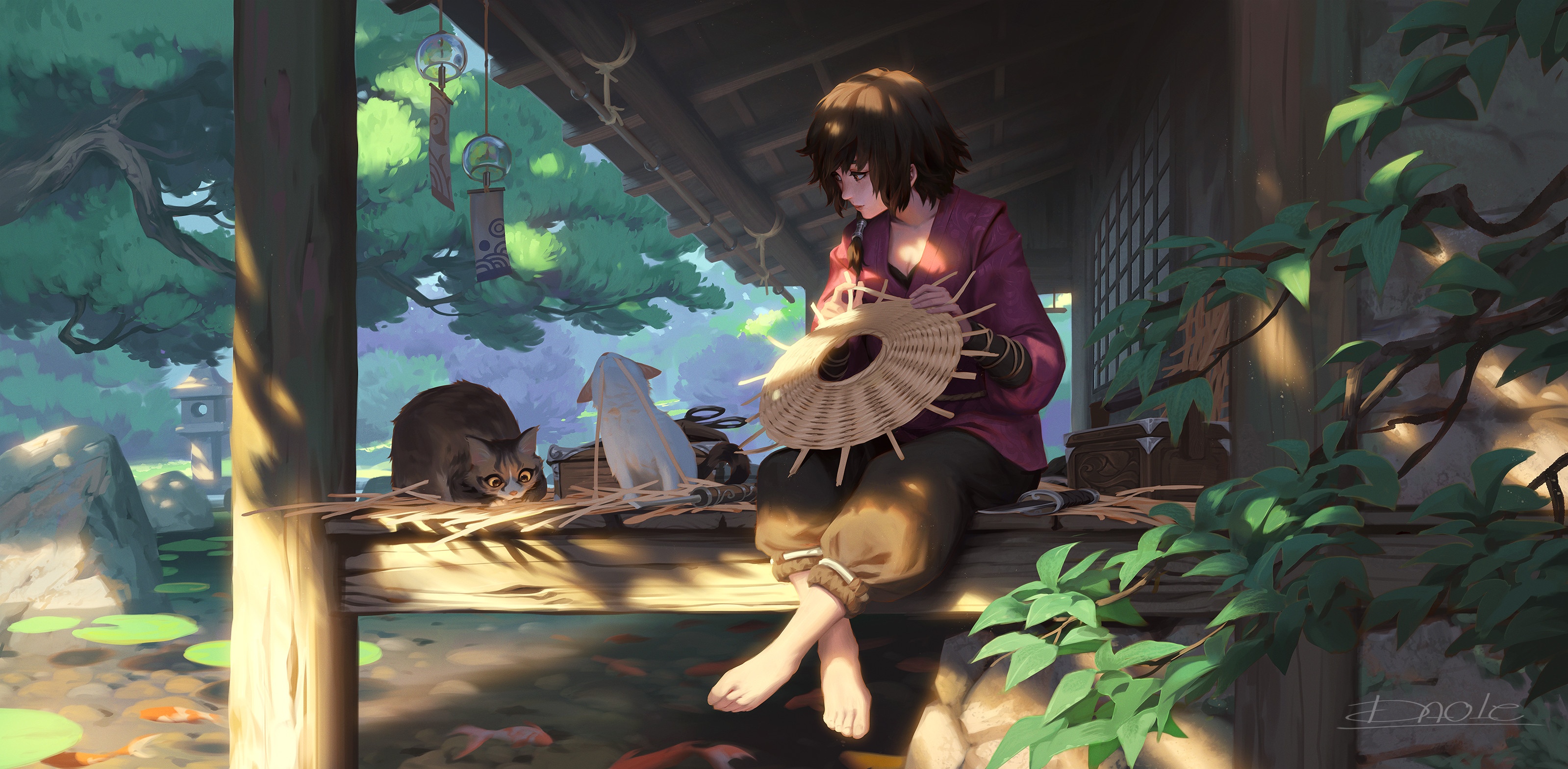 Woman weaving a basket with cats by a pond HD Wallpaper