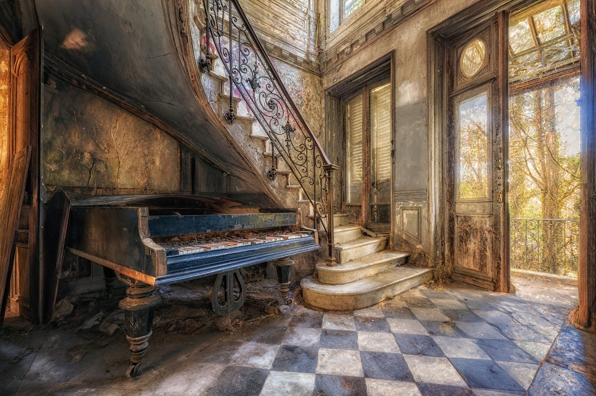 Abandoned hallway with piano and checkered floor HD Wallpaper
