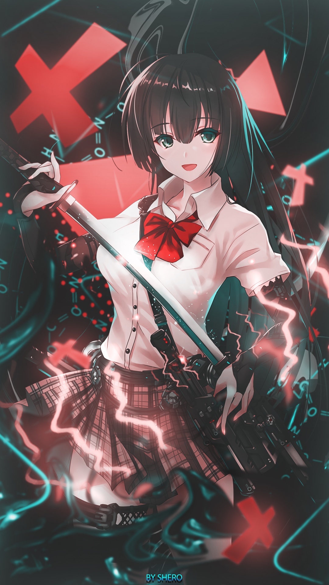 Anime girl with sword and school uniform HD Phone Wallpaper