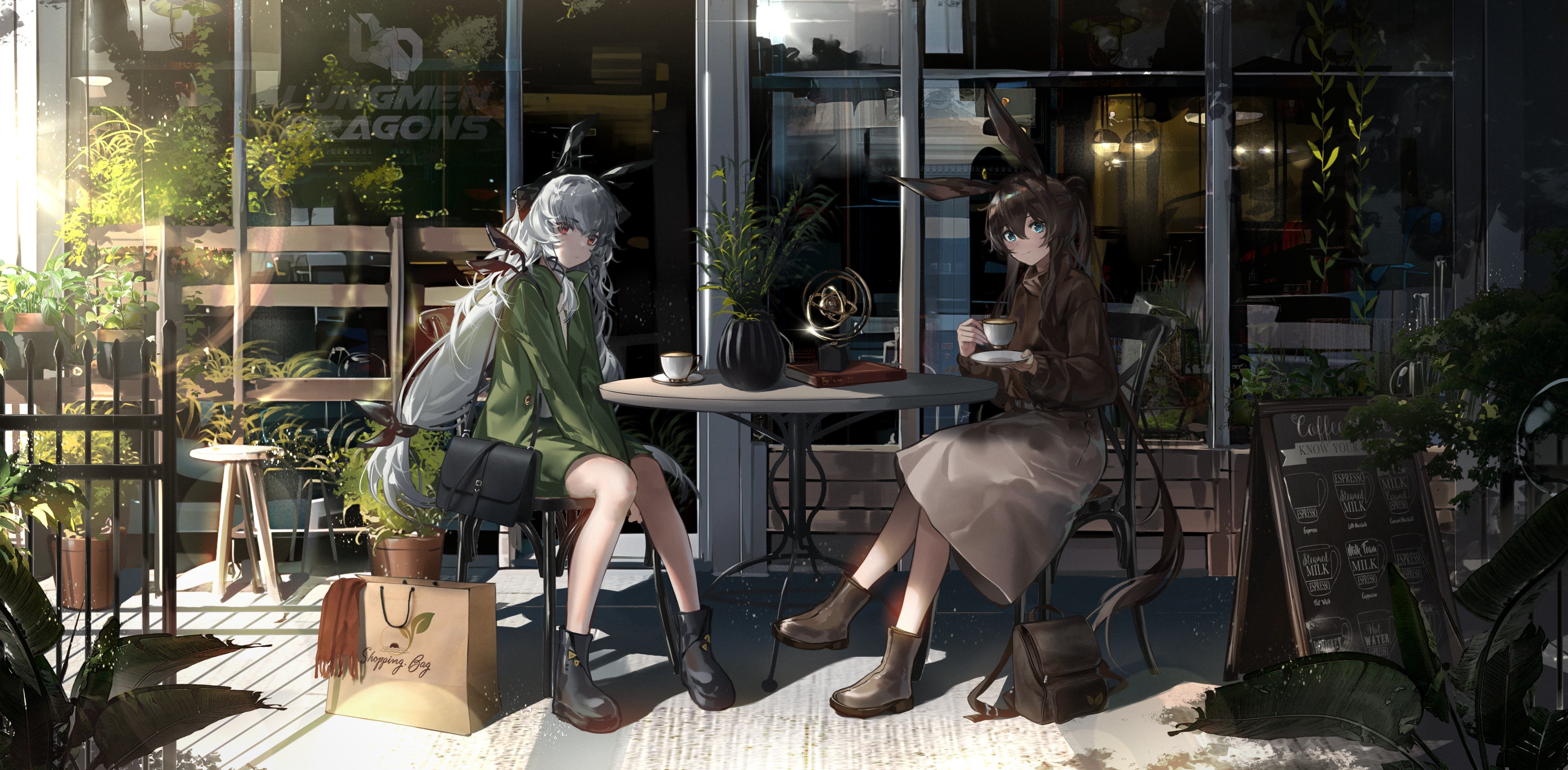 Arknights characters Amiya and another girl at a cafe HD Wallpaper