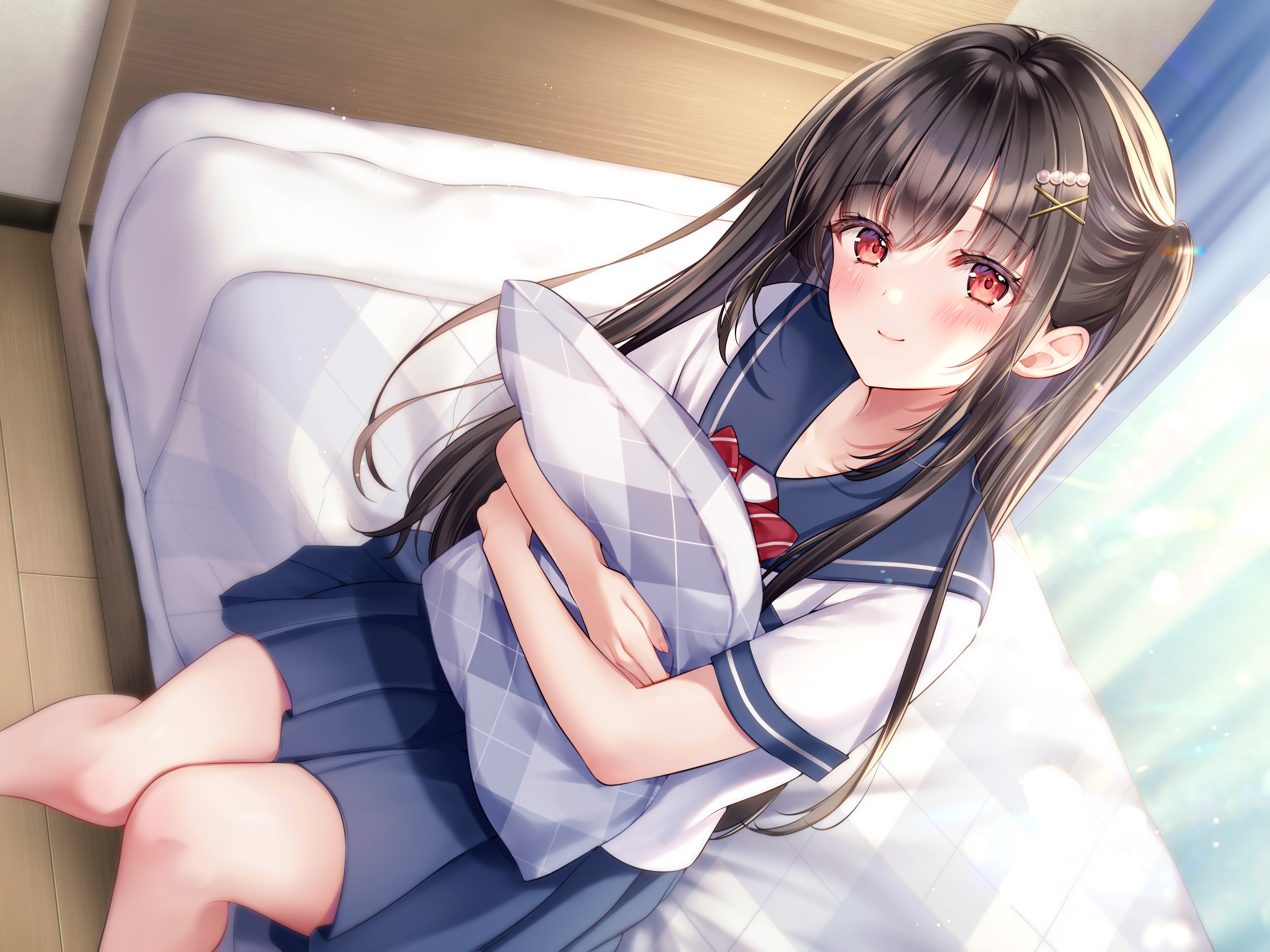 school uniform pillow high angle blushing schoolgirl in HD Wallpaper
