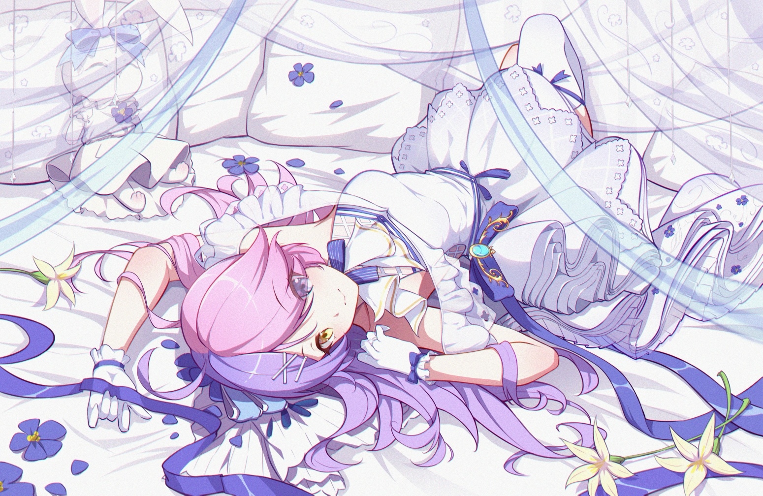 Girl with two-tone hair lying on a bed HD Wallpaper