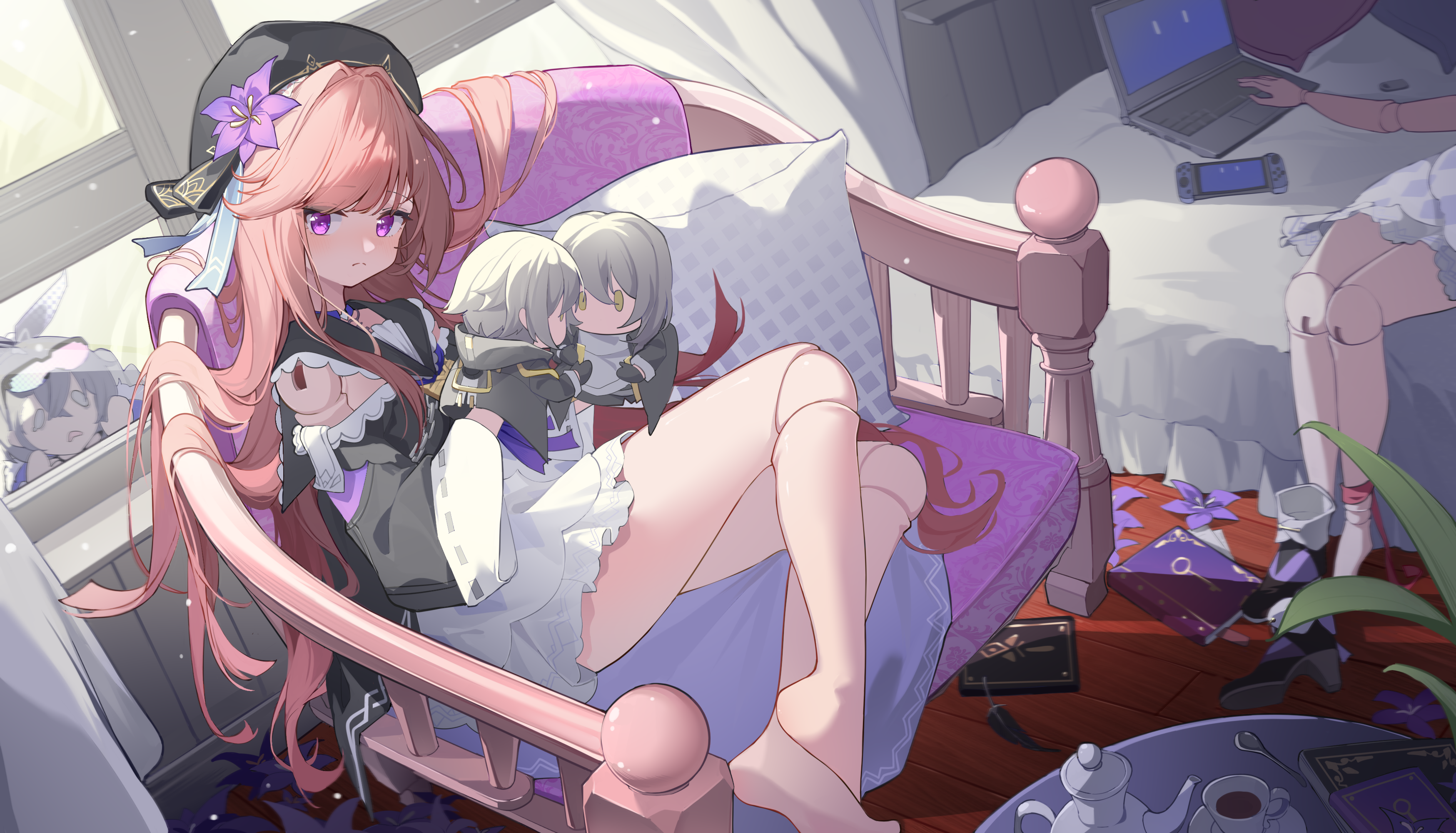 Herta and Chibi Herta with Nintendo Switch and Laptop HD Wallpaper