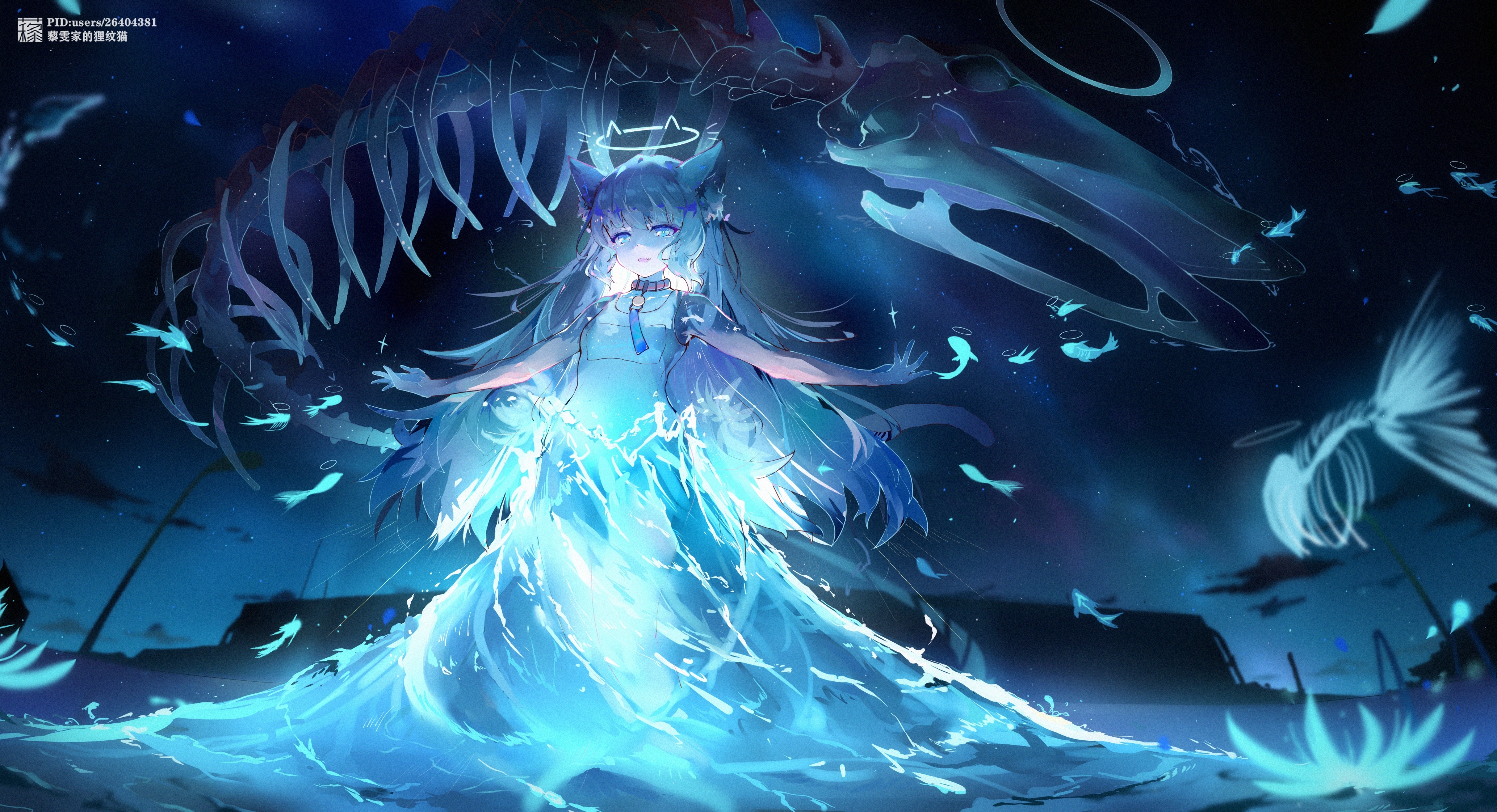 Cat girl with whale bones and fish in starry water HD Wallpaper