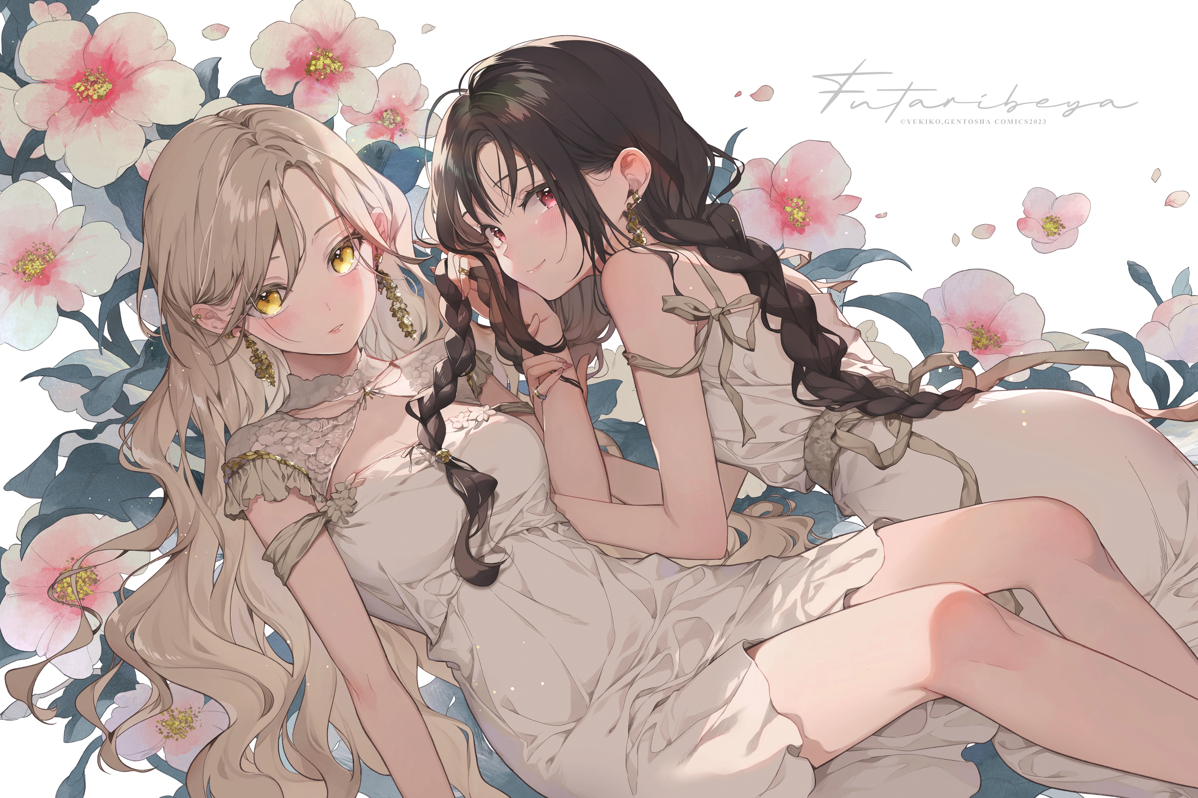 Two women with braids and flowers HD Wallpaper