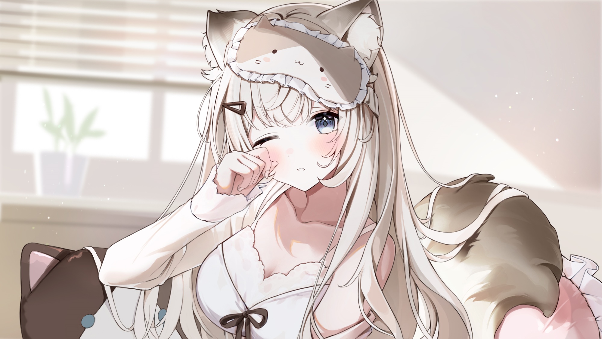 Fox girl with fox ears and tail wearing sleep mask HD Wallpaper