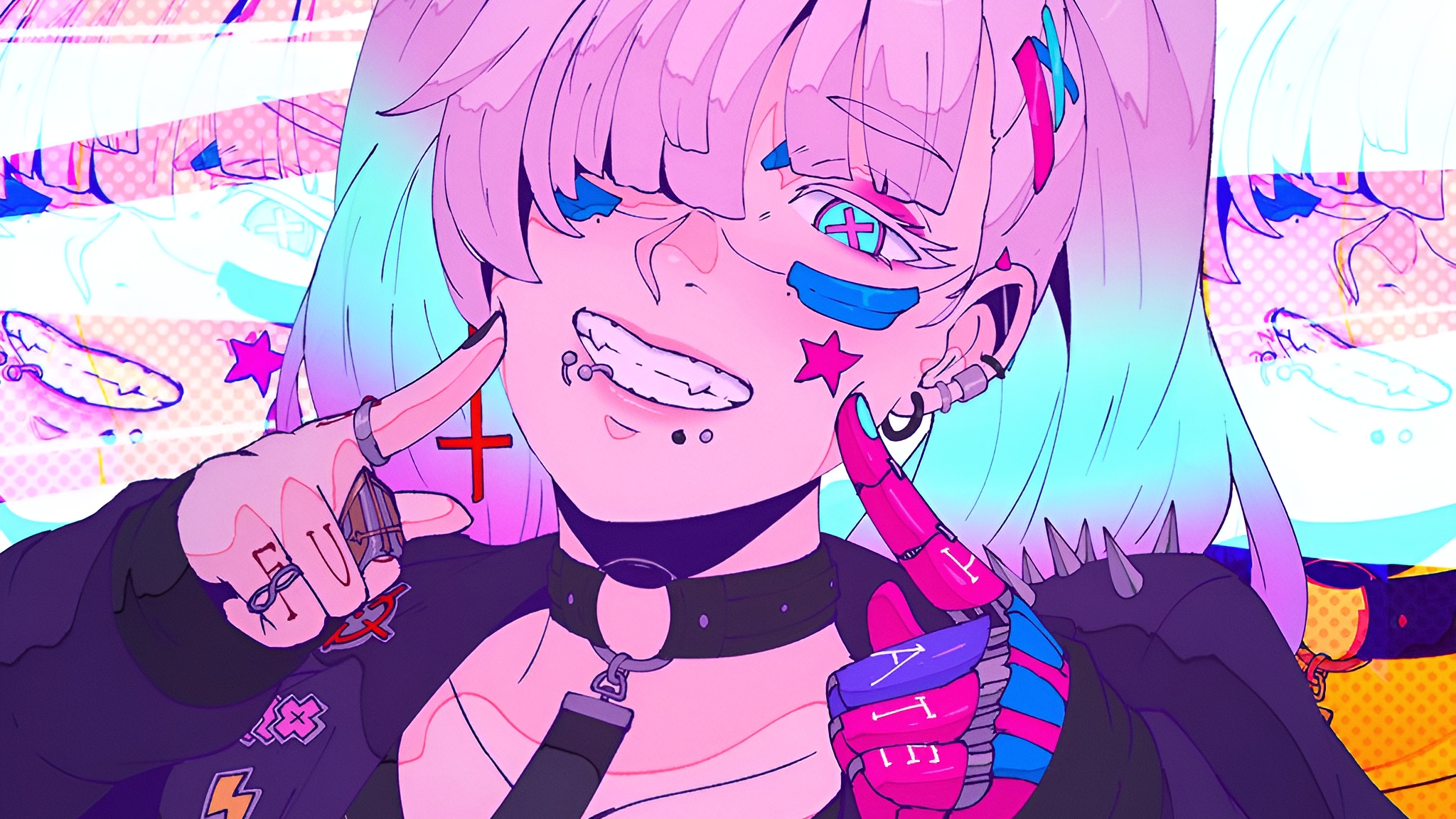 Koyorin anime girl with piercings and multi-colored hair HD Wallpaper