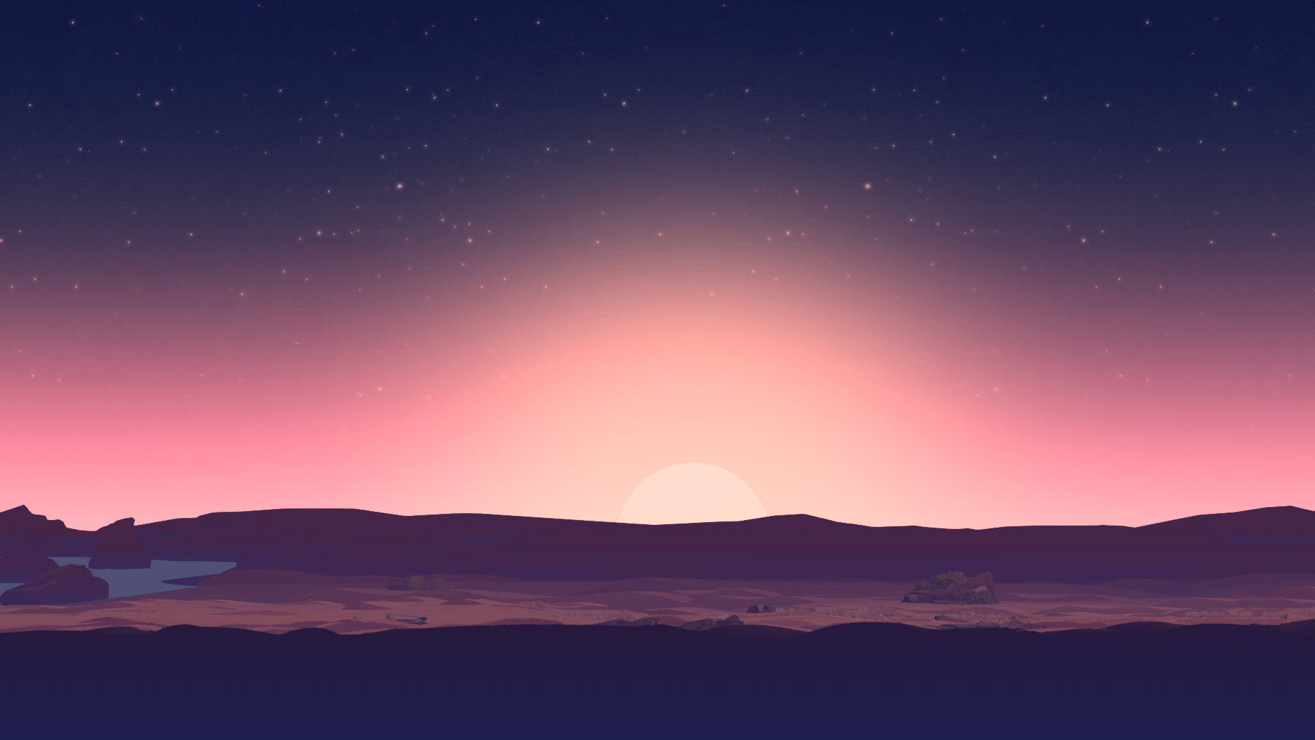 Planet of Lana landscape with sunset and stars HD Wallpaper
