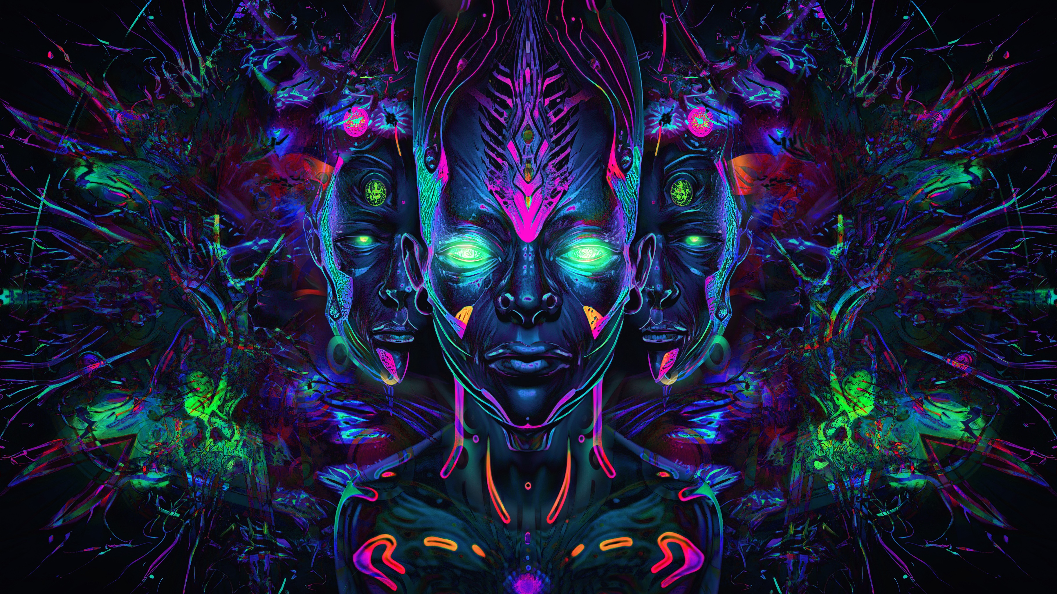 Trippy psychedelic alien heads with glowing eyes HD Wallpaper