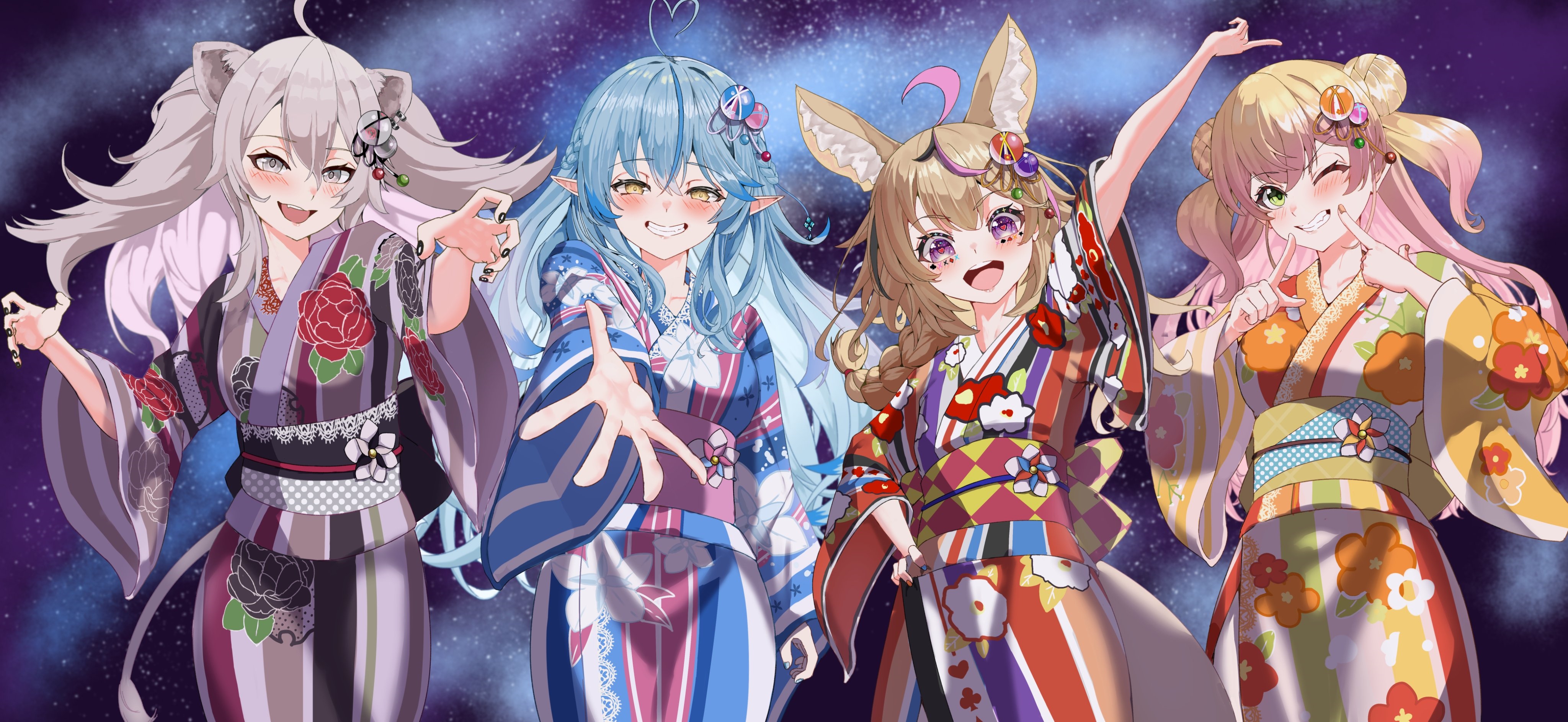 4K Hololive VTubers Yukihana Lamy, Momosuzu Nene, Omaru Polka, Shishiro Botan in Kimonos HD Wallpaper